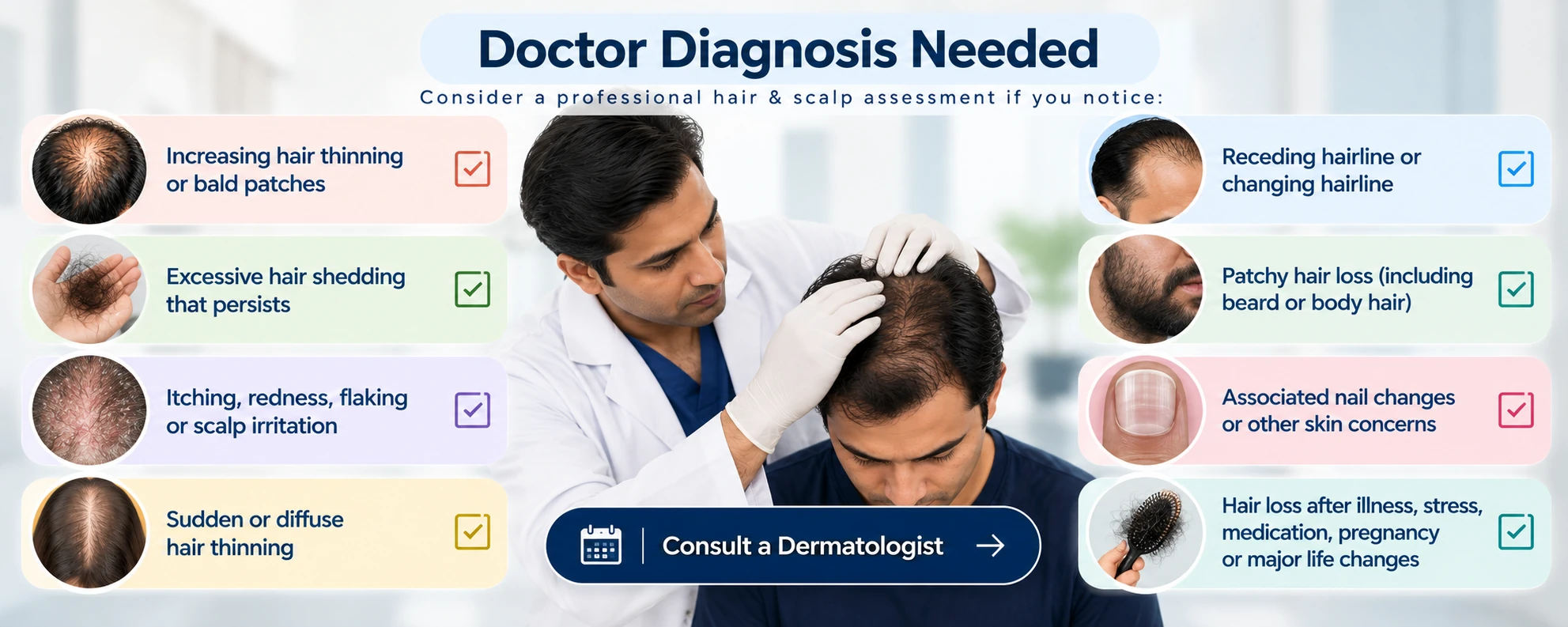 Checklist showing when to see a dermatologist for persistent hair shedding, thinning, bald patches, scalp irritation and changing hairline.