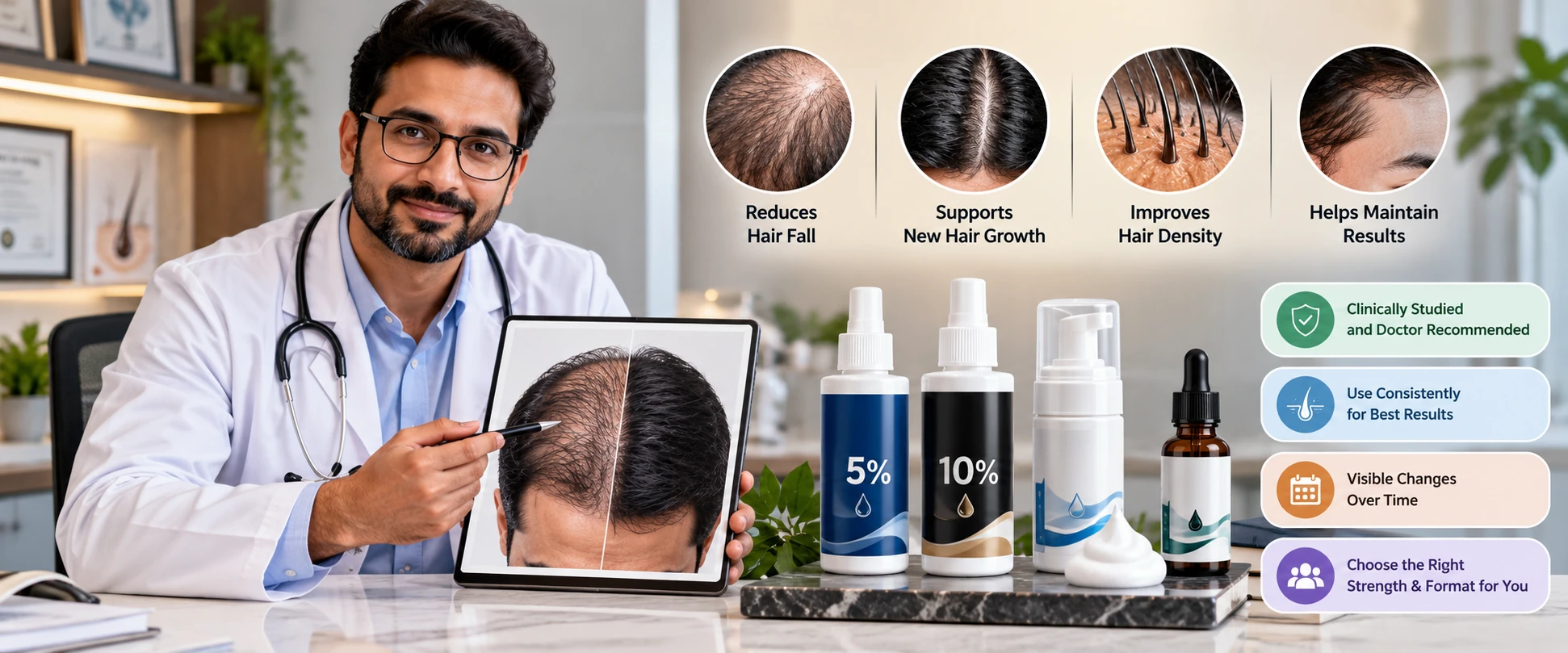 Minoxidil FAQs banner covering use, results, side effects and solution versus foam