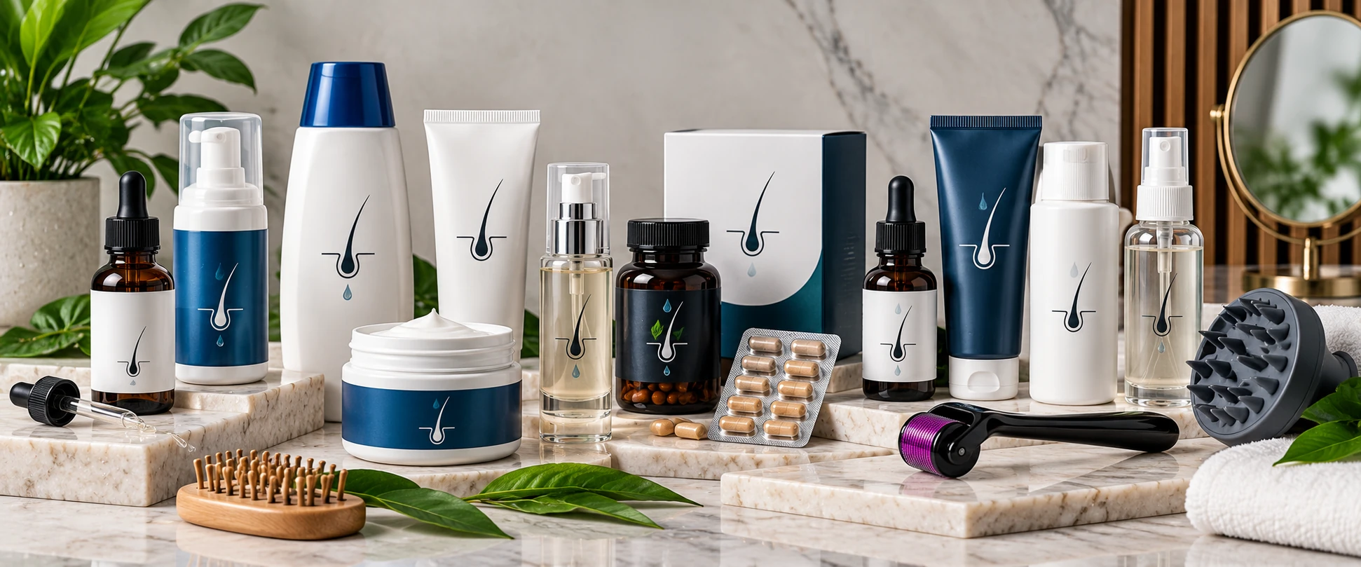 Hair care product range flat-lay with serums, shampoos, creams, supplements, scalp tools and treatment products