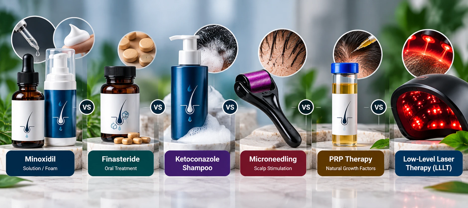 Hair loss treatment comparison banner featuring minoxidil, finasteride, ketoconazole shampoo, microneedling, PRP and low-level laser therapy