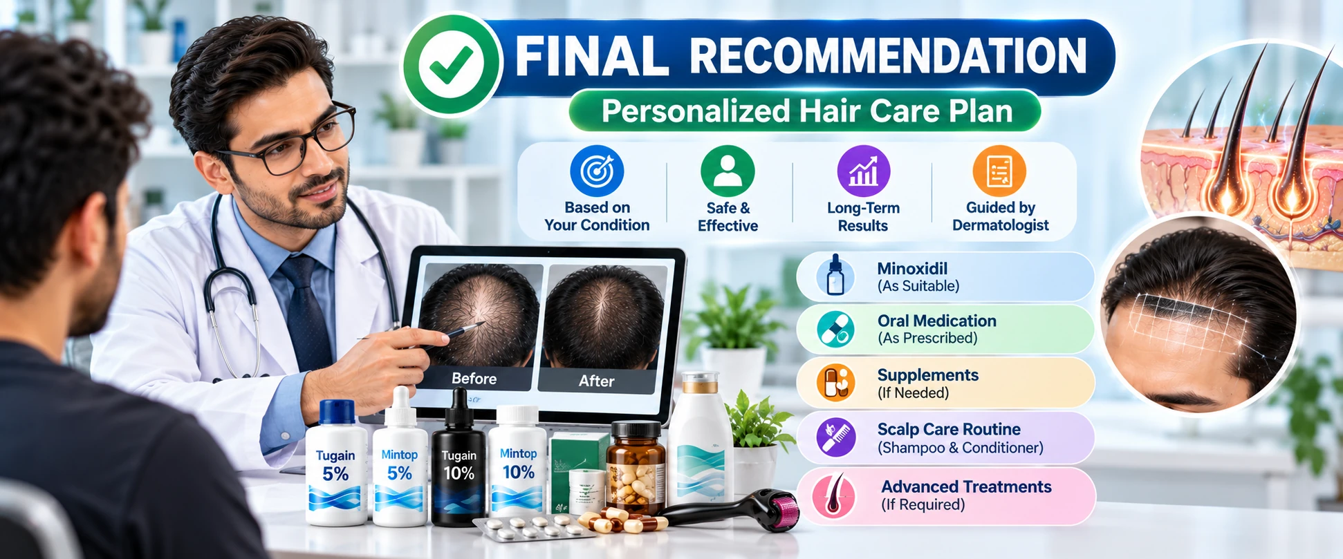 Hair loss treatment FAQs covering minoxidil, results, side effects, combination treatment and suitability