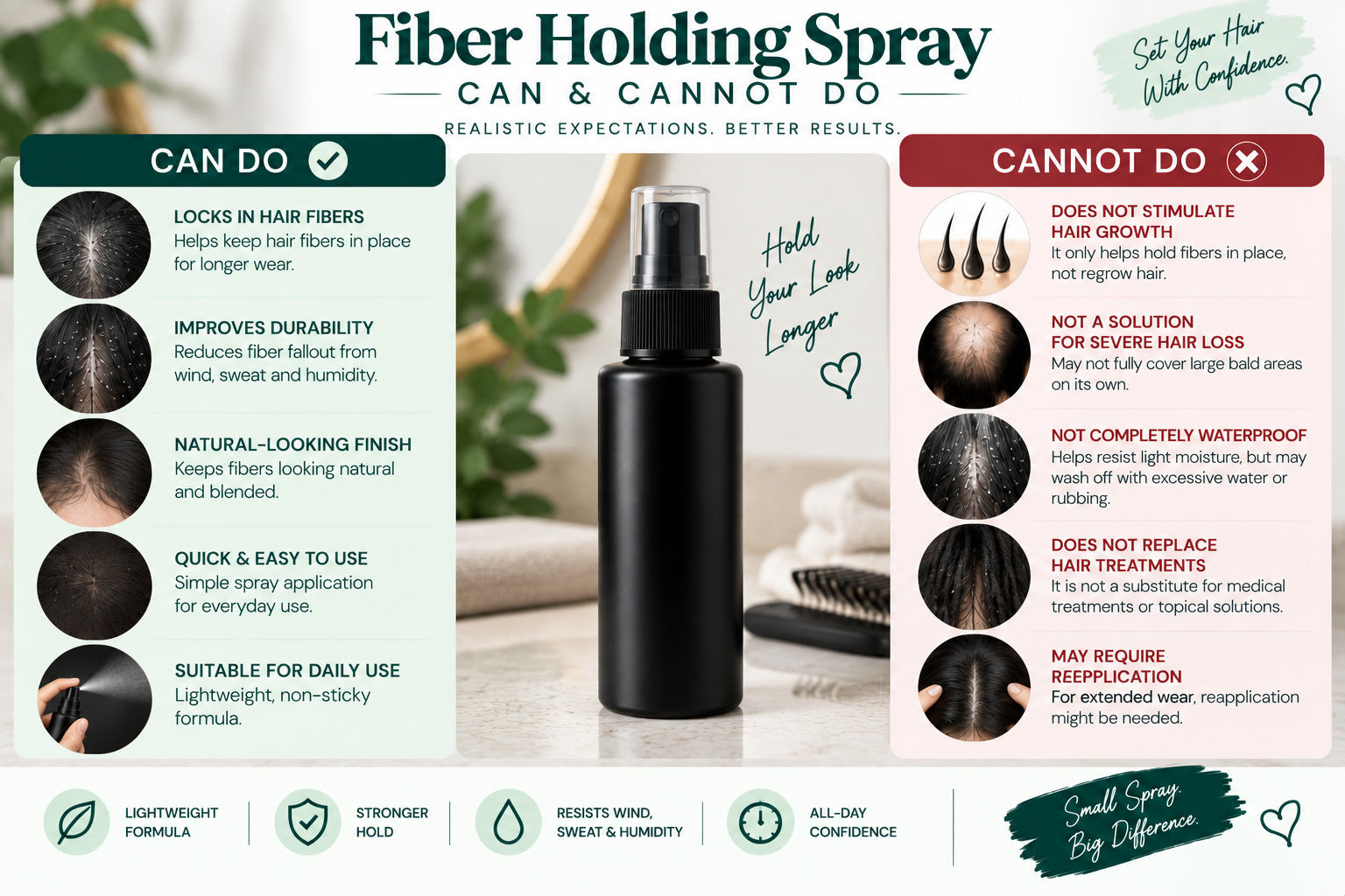 Fiber Holding Spray — Can & Cannot Do Fiber holding spray can and cannot do for hair fiber hold, coverage, and styling.