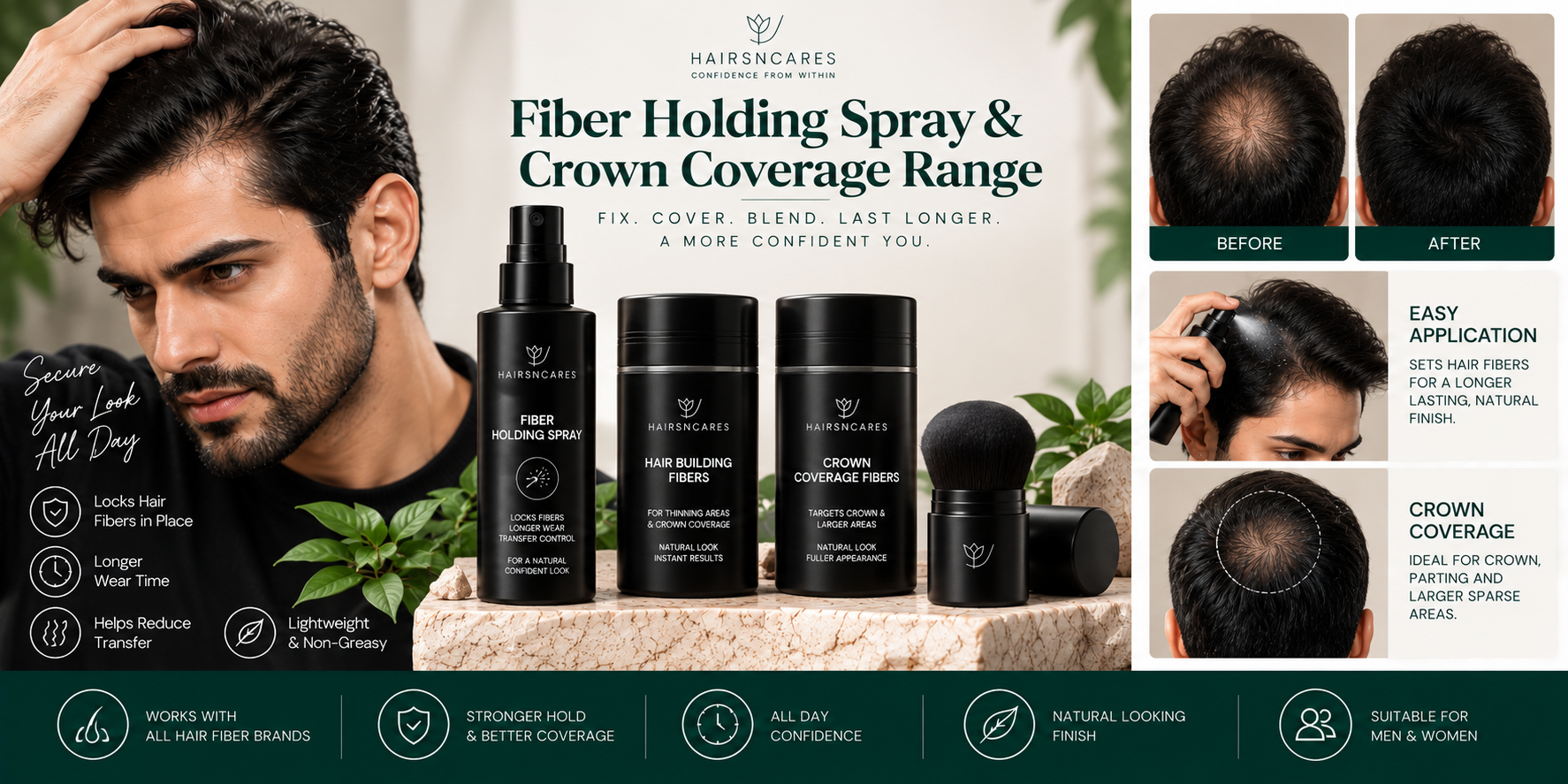 Fiber Holding Spray & Crown Coverage Range Fiber Holding Spray and crown coverage range for securing hair fibers and providing temporary cosmetic coverage for thinning crown areas.