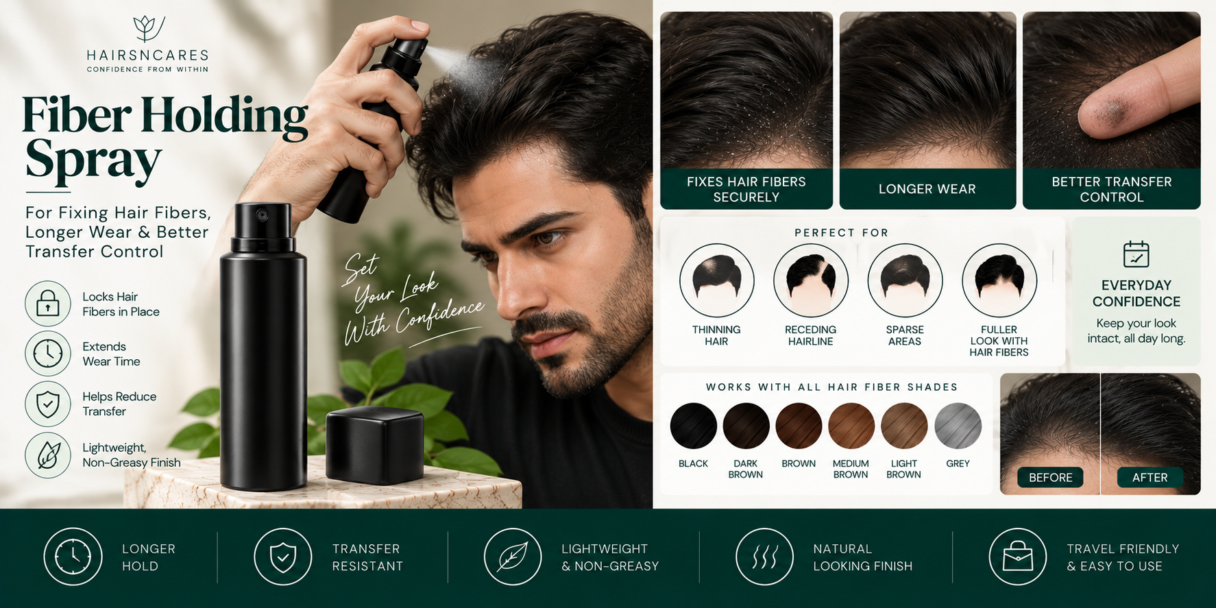 Fiber Holding Spray for fixing hair fibers, longer wear, and improved transfer control on thinning and receding hair.