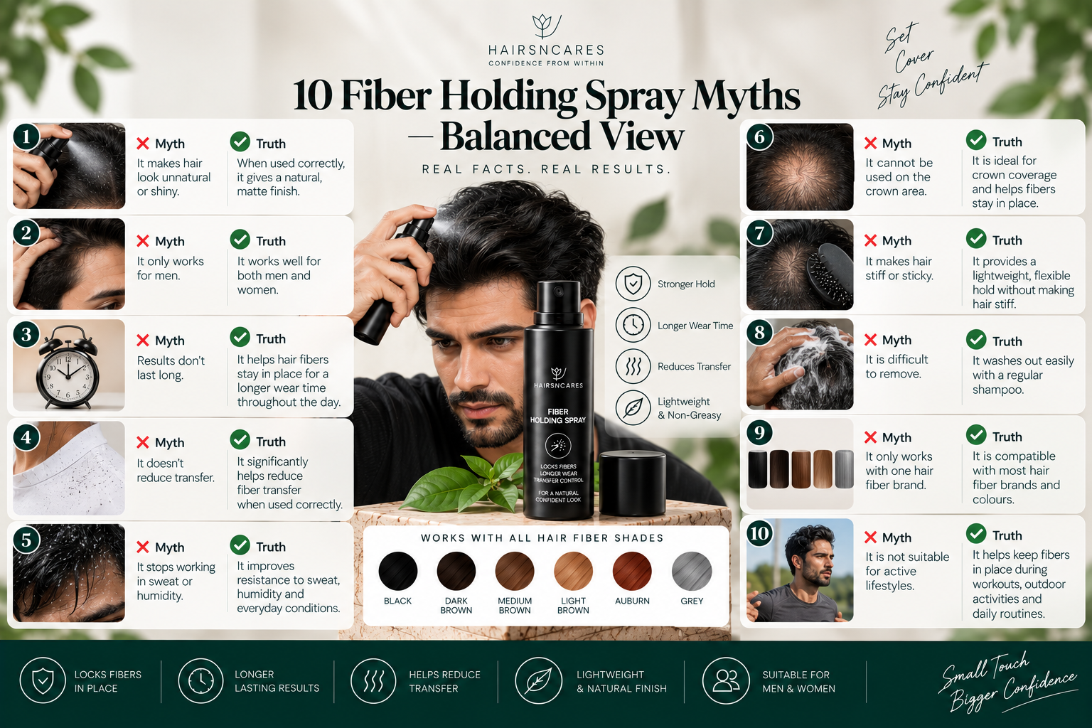 10 Fiber Holding Spray Myths — Balanced View 10 Fiber Holding Spray myths and facts covering hair fiber hold, transfer, wear time, application, removal, and everyday use.