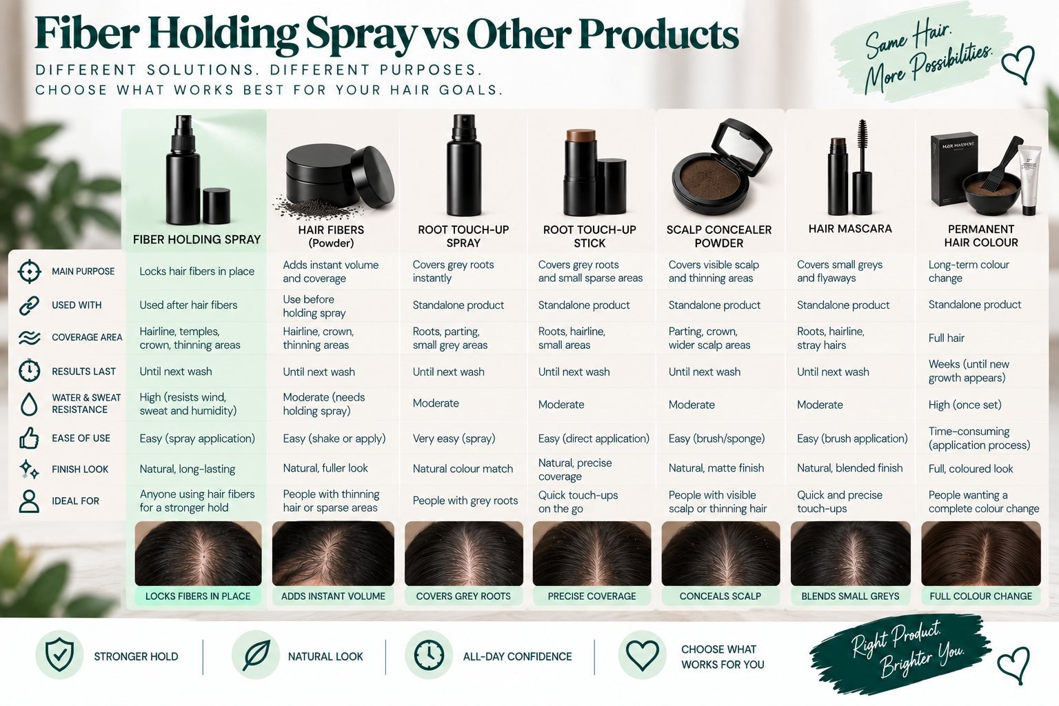 Fiber Holding Spray vs Other Products Fiber holding spray vs other hair products for hair fiber hold, coverage, styling, and longevity.