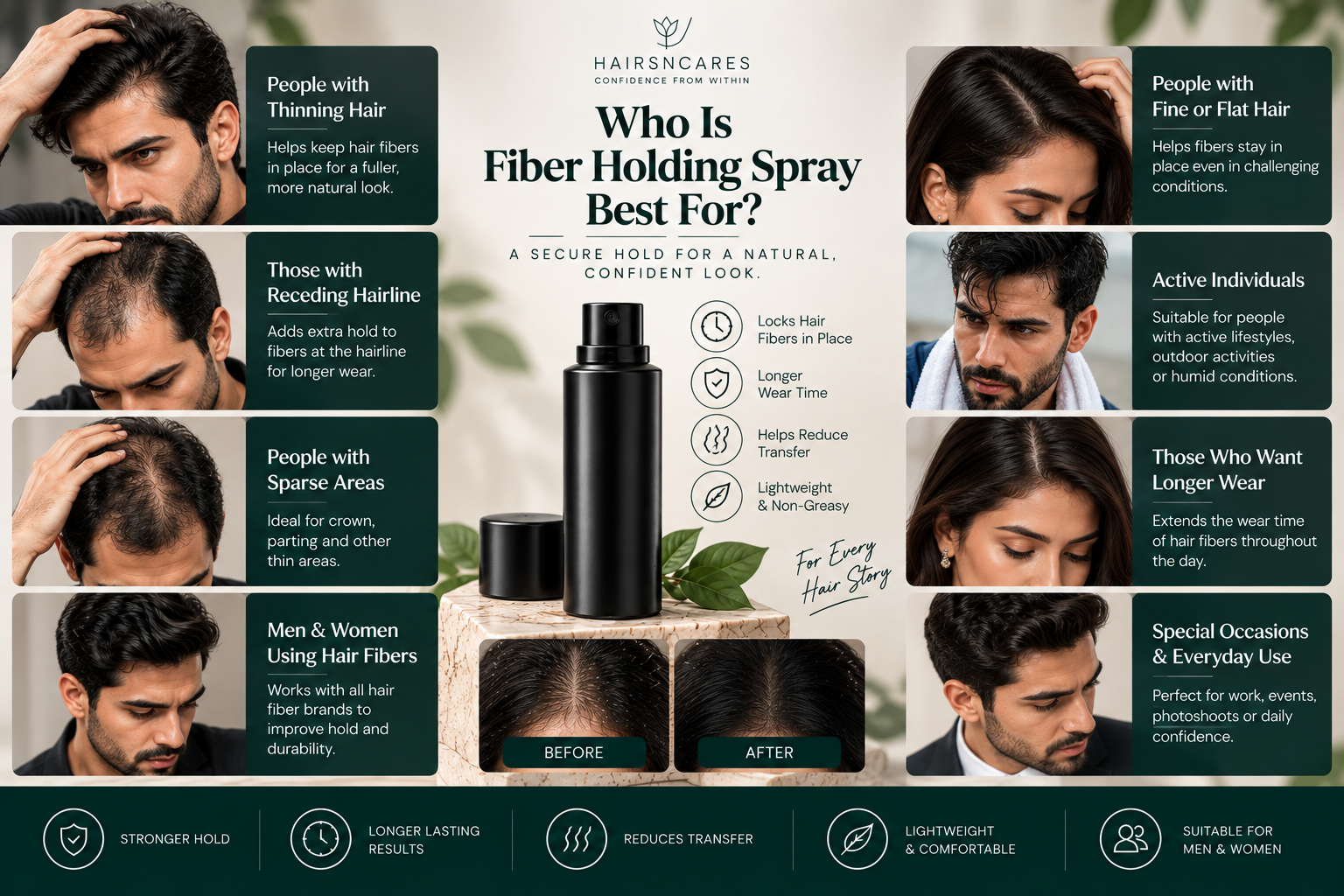 Who Is Fiber Holding Spray Best For? Fiber Holding Spray suitability guide for thinning hair, sparse areas, receding hairlines, fine hair, and longer-lasting hair fiber wear.
