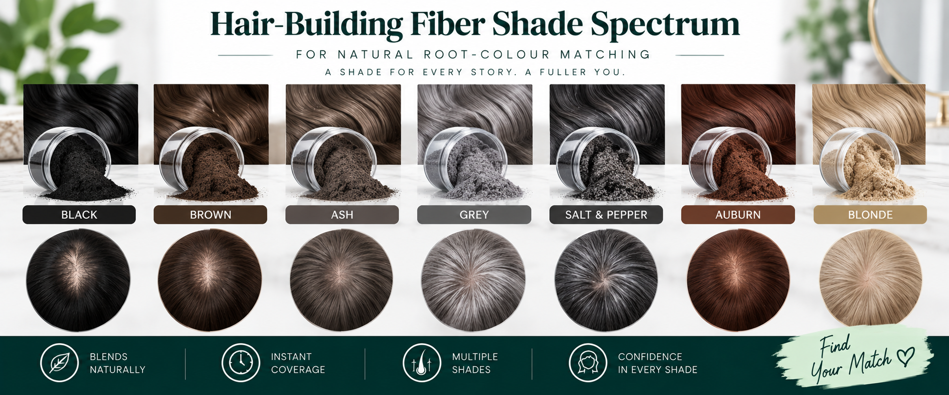 Hair-Building Fiber Shade Spectrum — Root Colour Matching Hair-building fiber shade spectrum showing black, brown, ash, grey, salt-and-pepper, auburn, and blonde shades for root-colour matching.