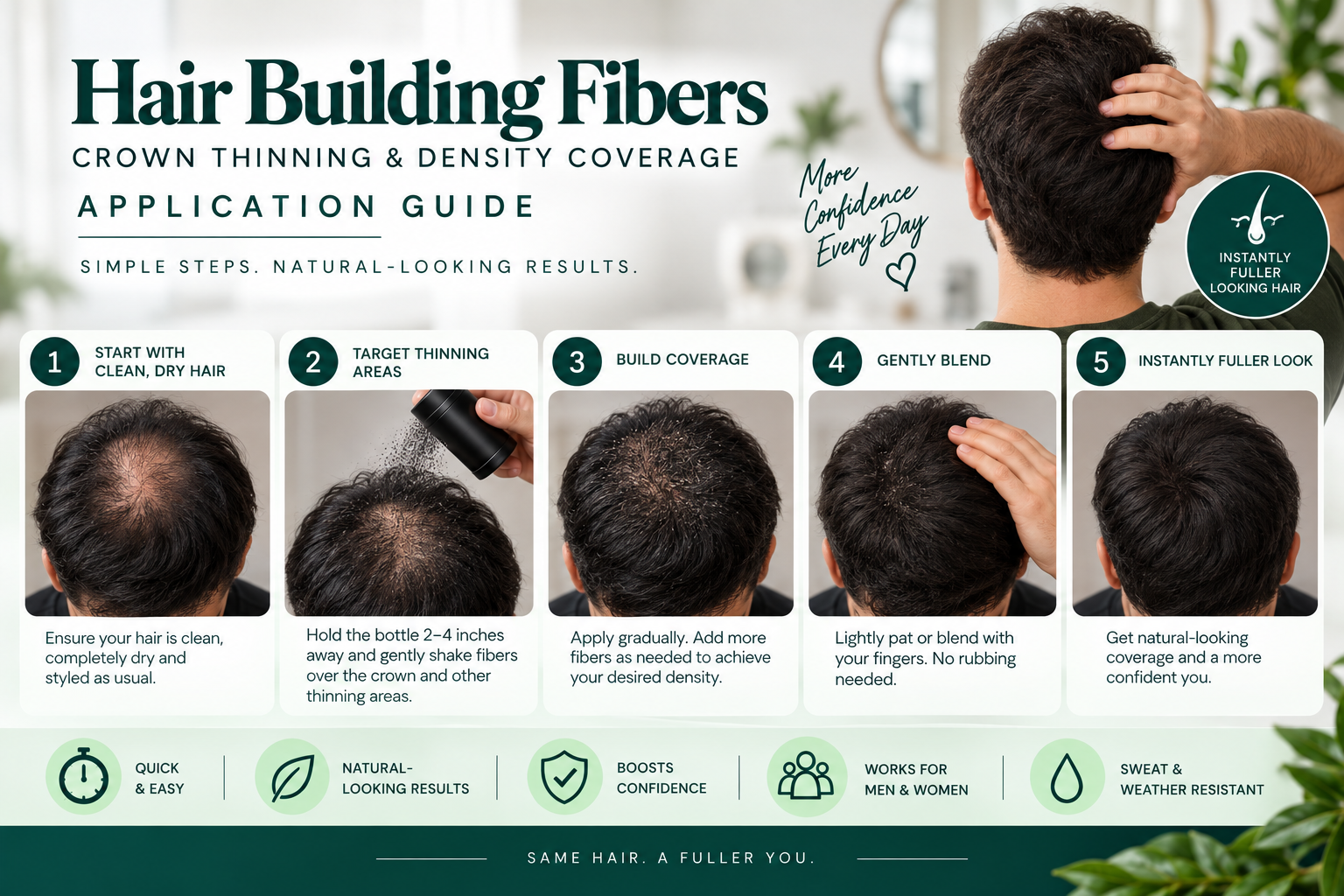 Hair Building Fibers Crown Coverage Guide Hair building fibers crown thinning and density coverage application guide for Hairsncares.