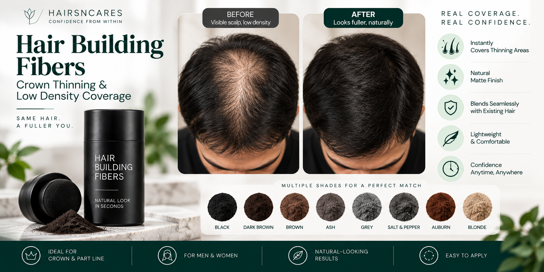 Hair Building Fibers — Crown Thinning & Density Coverage Comparison Hair Building Fibers comparison for crown thinning and low-density hair, showing before-and-after coverage and available shades.