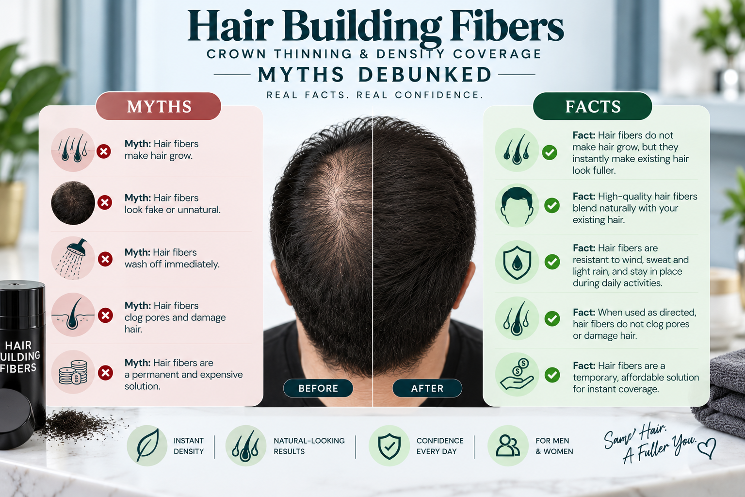 Hair Building Fibers Myths Debunked Hair building fibers crown thinning and density coverage myths debunked for Hairsncares.