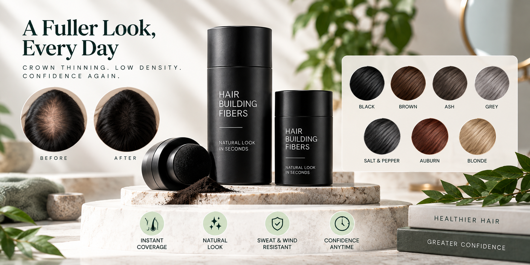 Hair Building Fibers — Crown Thinning & Density Coverage Hair Building Fibers product range for crown thinning, low density, and temporary existing-hair coverage.