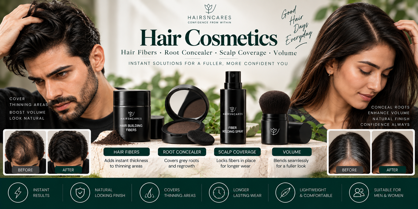 Hair Cosmetics — Hair Fibers, Root Concealer & Scalp Coverage Hair cosmetics range featuring hair fibers, root concealer, scalp coverage, and volume solutions for thinning areas.
