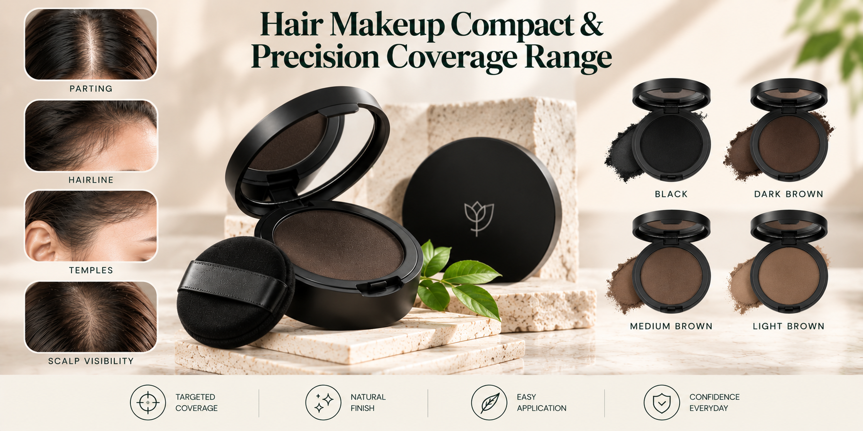 Hair Makeup Compact & Precision Coverage Range Hair Makeup Compact and Precision Coverage range for parting, hairline, temples, and visible scalp.