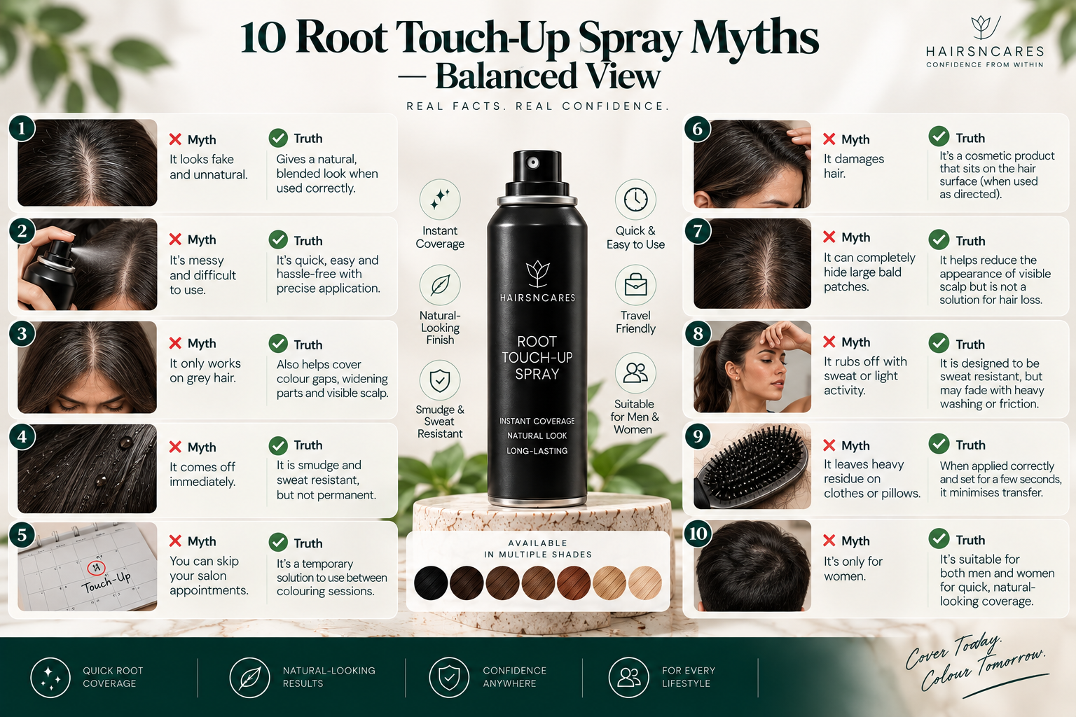 10 Root Touch-Up Spray myths and facts covering grey roots, temporary coverage, application, transfer, and hair-loss limitations.
