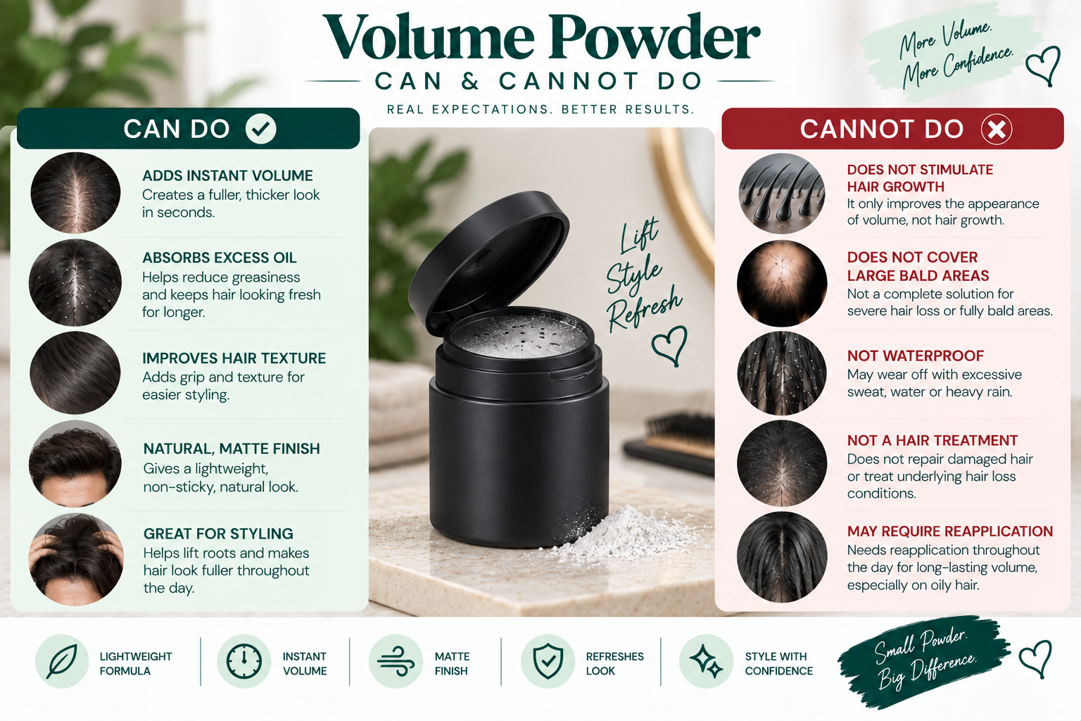 Volume Powder — Can & Cannot Do Volume powder can and cannot do for instant hair volume, oil control, styling, and hair appearance.