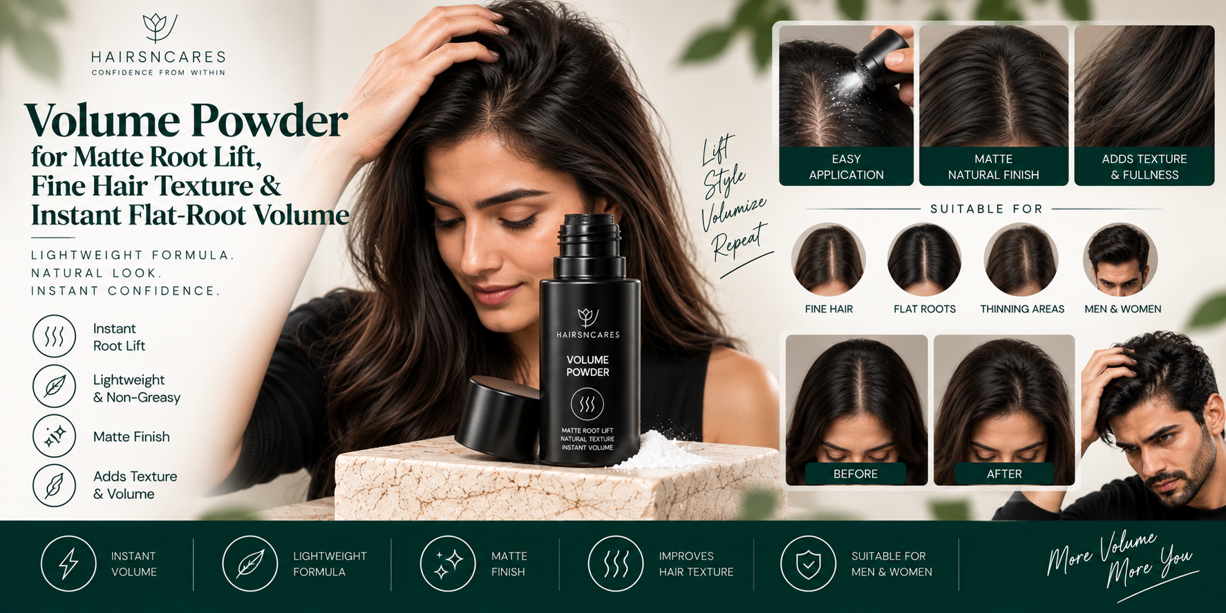 Volume Powder for matte root lift, fine hair texture, and instant flat-root volume.