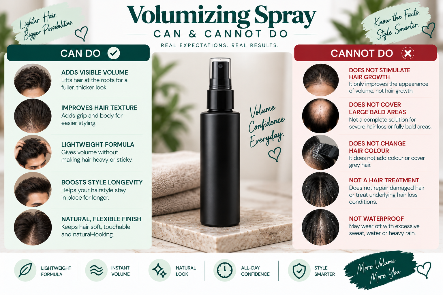 Volumizing spray can and cannot do for hair volume, texture, styling, and hair appearance.