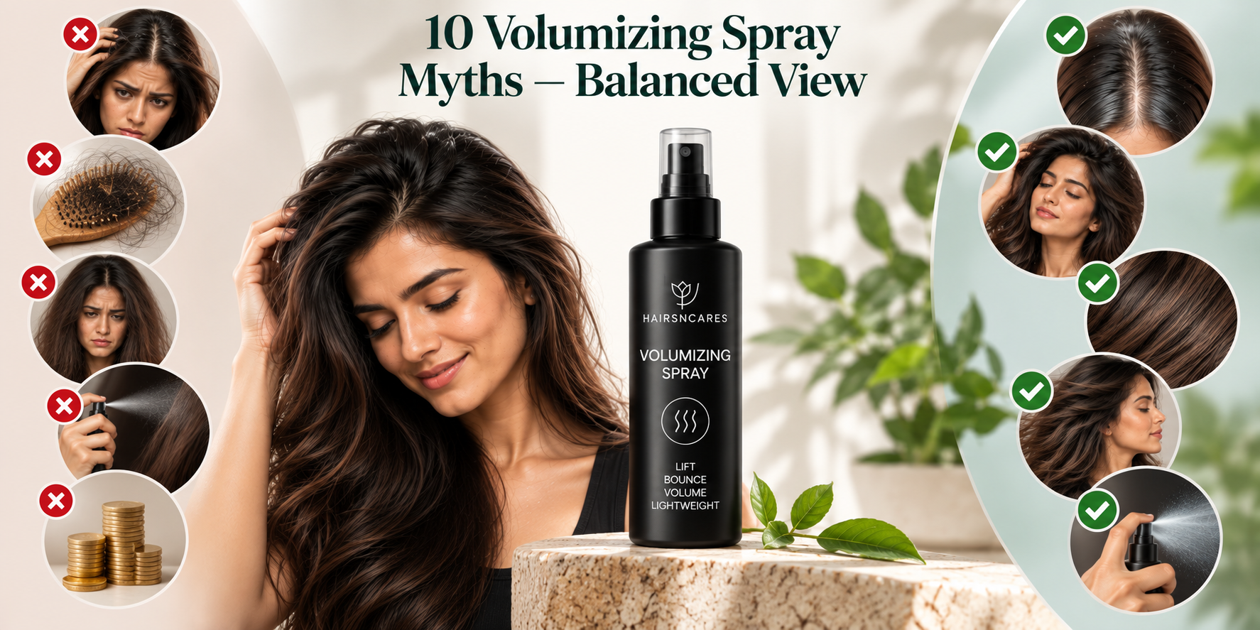 10 Volumizing Spray myths and facts covering root lift, hair volume, application, texture, and styling.