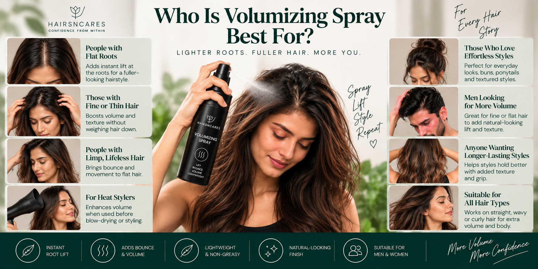 Volumizing Spray suitability guide for flat roots, fine or thin hair, limp hair, heat styling, and added root volume.