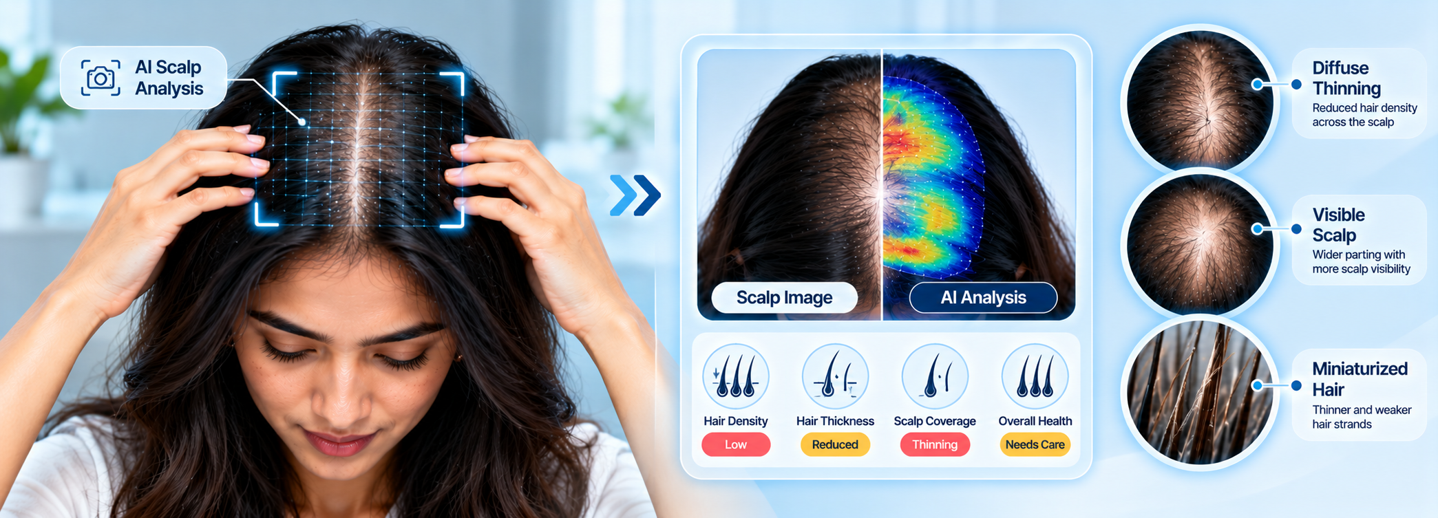 AI Hair Test visual showing diffuse hair thinning, visible scalp, reduced hair density and miniaturized hair.