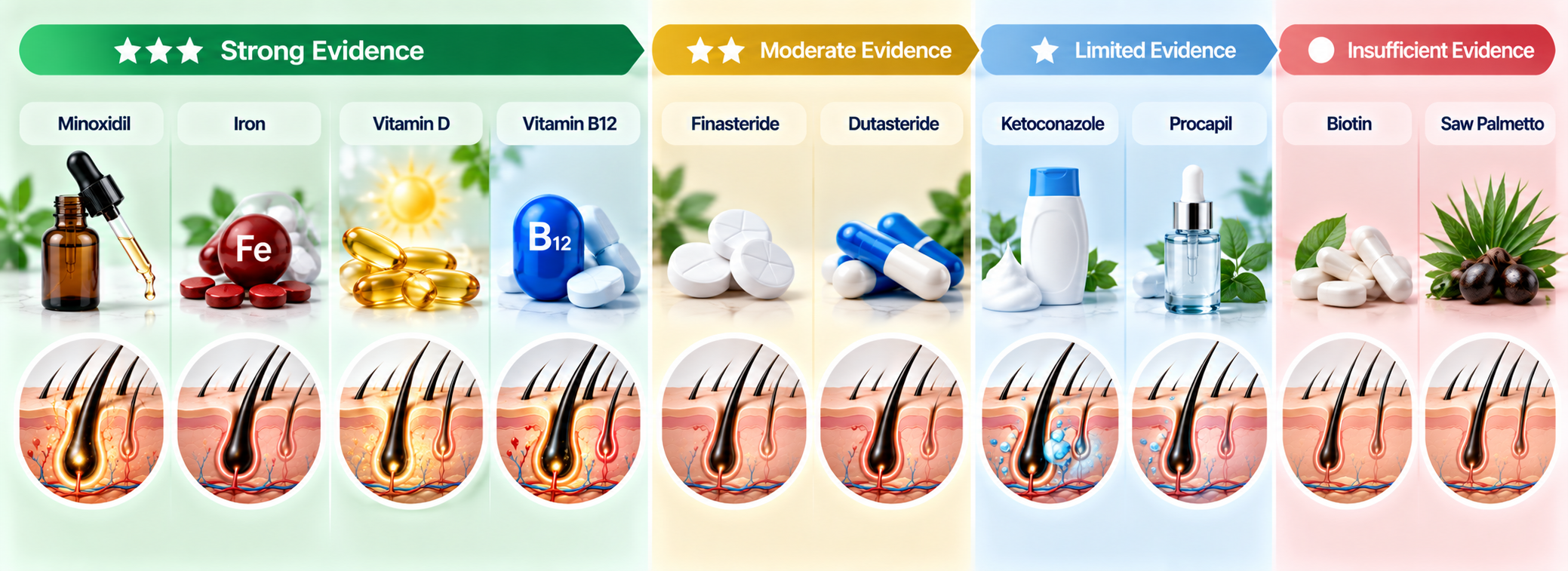 alt: "Diffuse thinning treatments: iron, vitamin D, B12, Minoxidil, Procapil with evidence levels" · 900×260 WebP