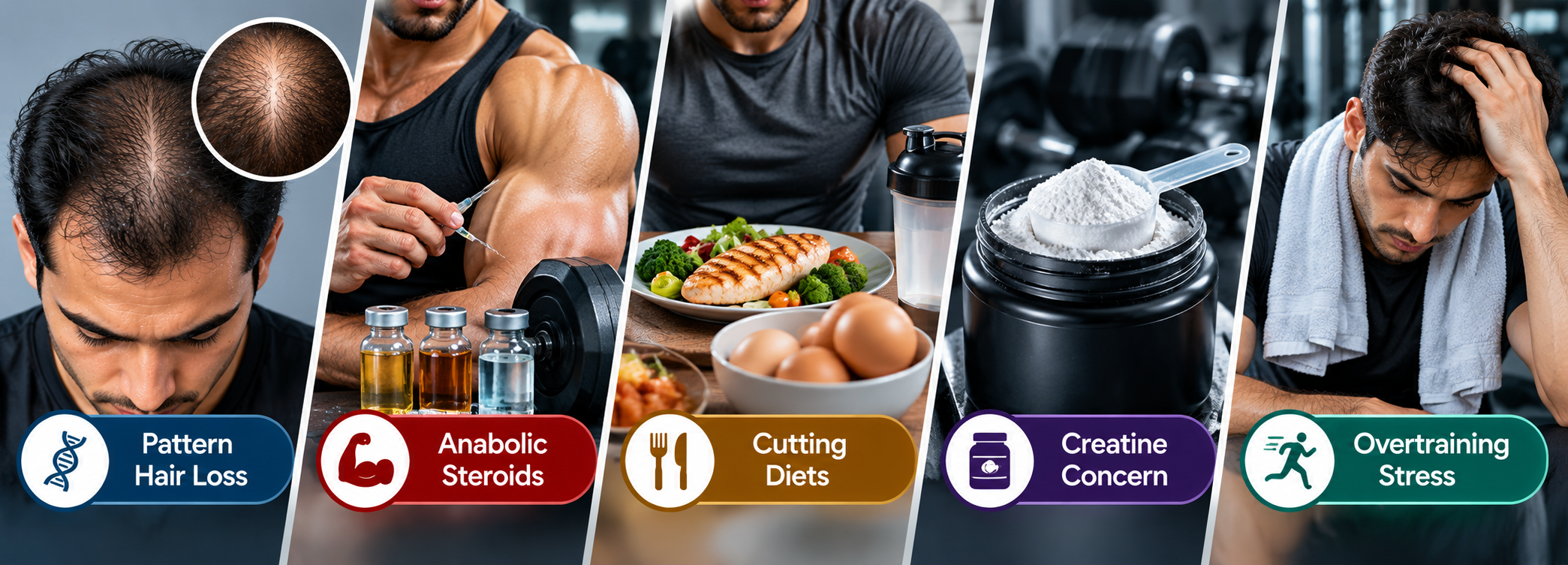 Gym hair loss causes including pattern hair loss, anabolic steroids, cutting diets, creatine concern and overtraining stress