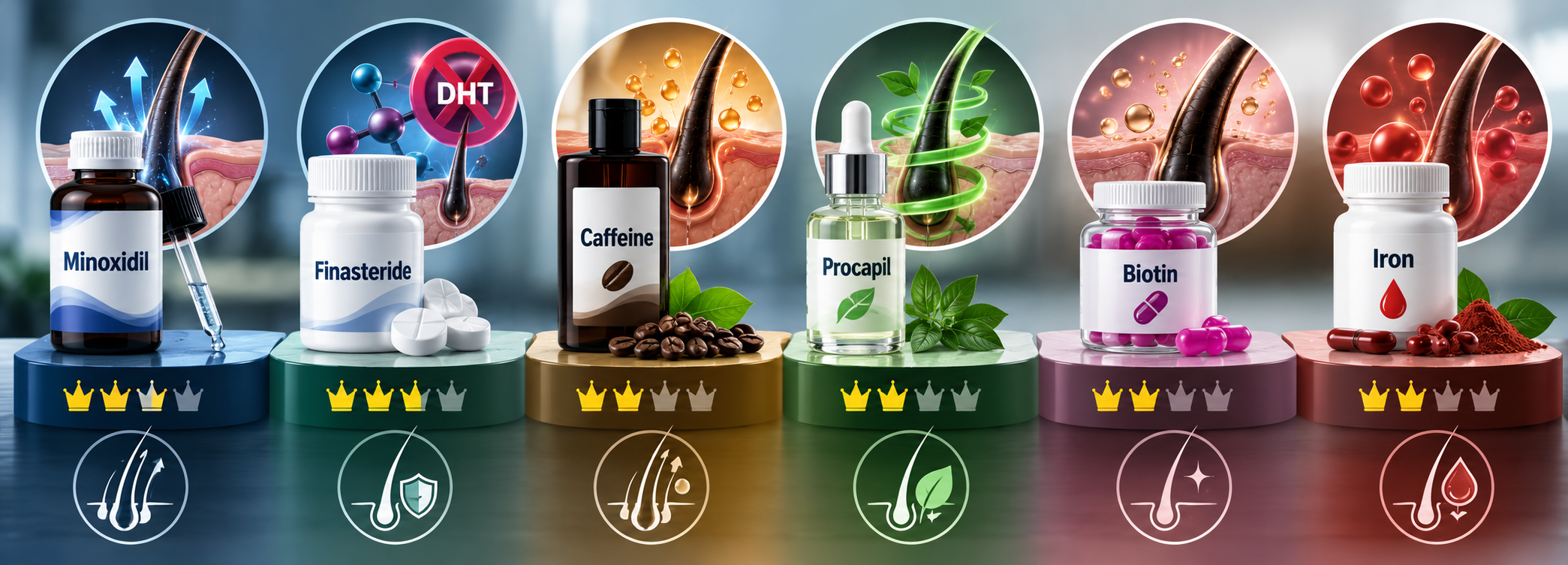 Hair loss treatments by evidence level showing minoxidil, finasteride, caffeine, Procapil, biotin and iron.