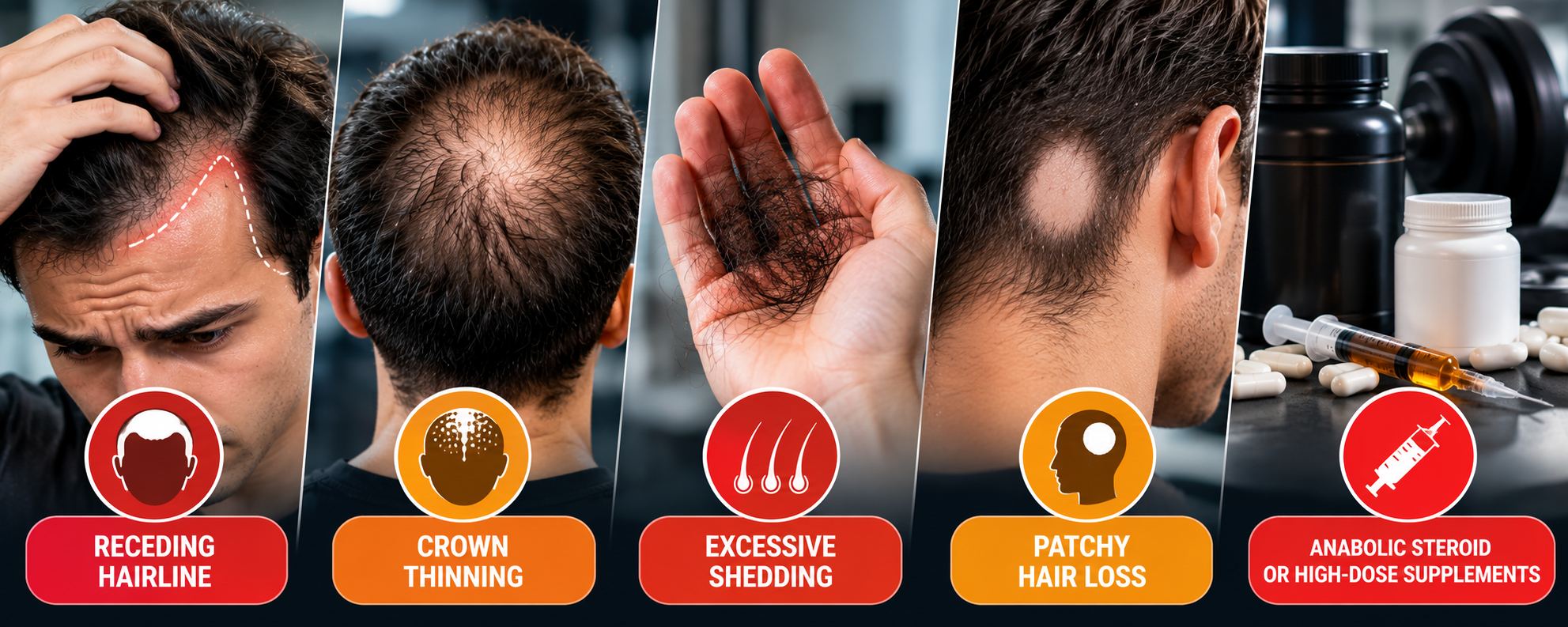 Gym hair loss warning signs showing receding hairline, crown thinning, excessive shedding, patchy hair loss and steroid concerns.