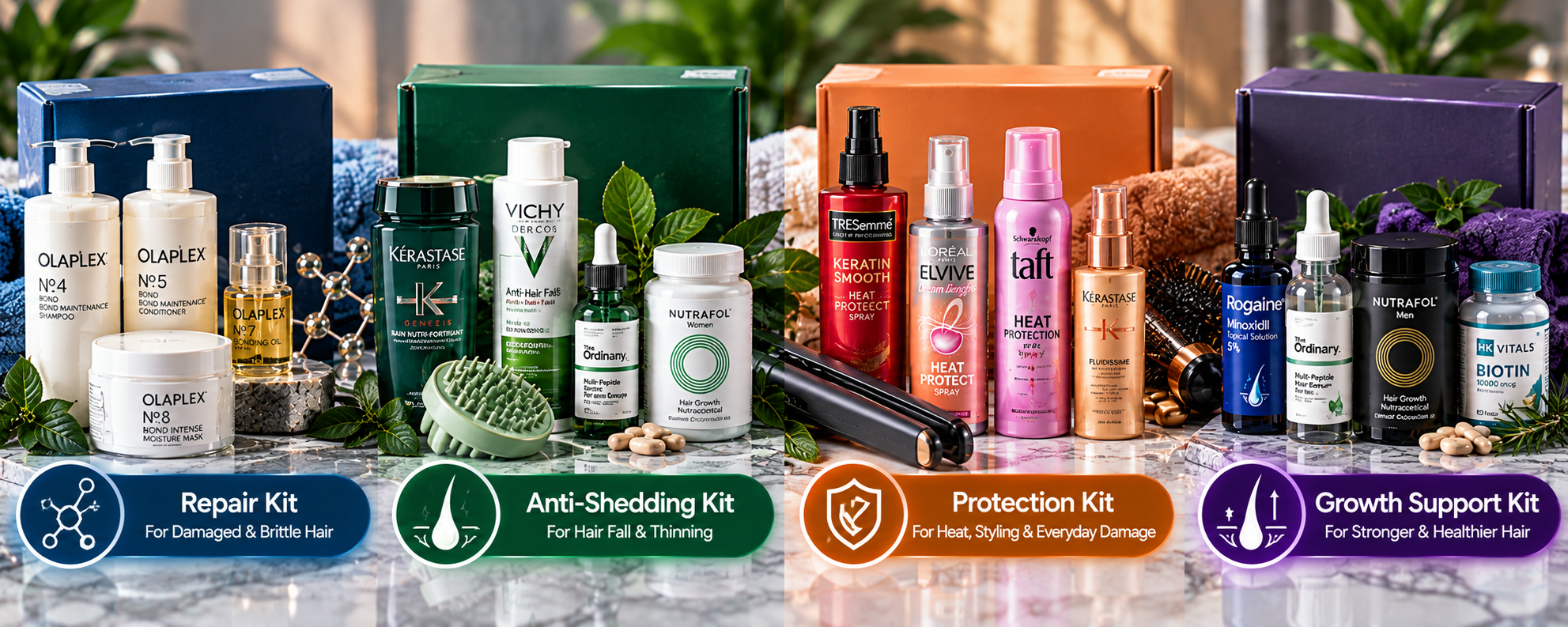 Hair care kits and bundles for breakage repair, anti-shedding support, heat protection and hair growth support