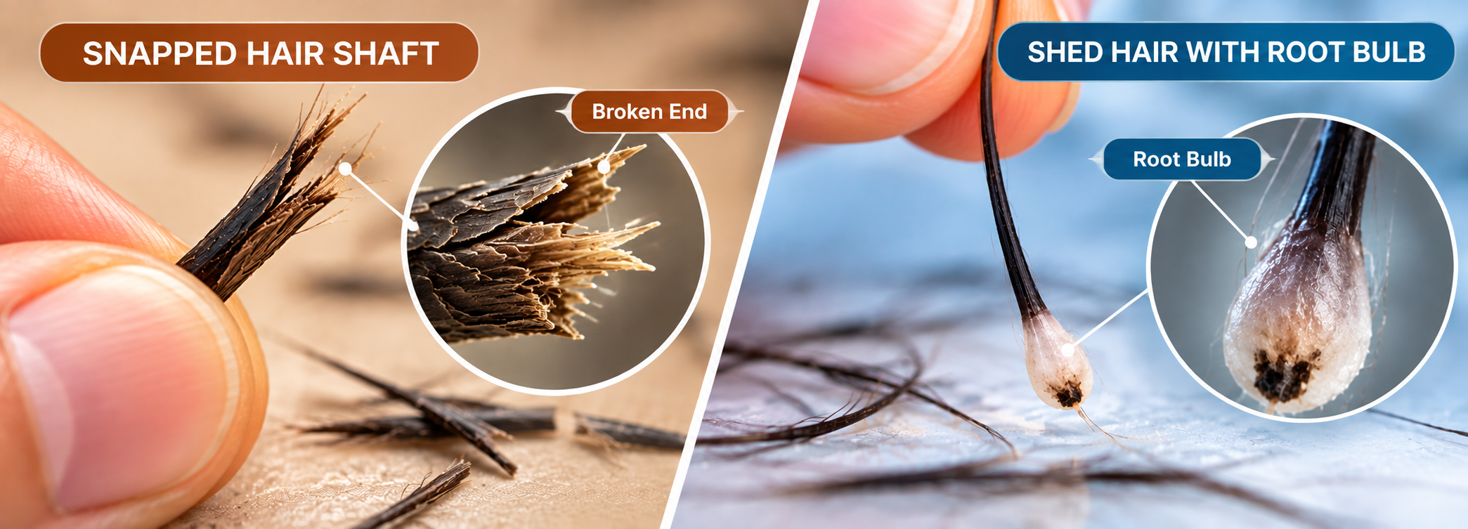 Snapped hair shaft vs shed hair with root bulb — HairsnCares