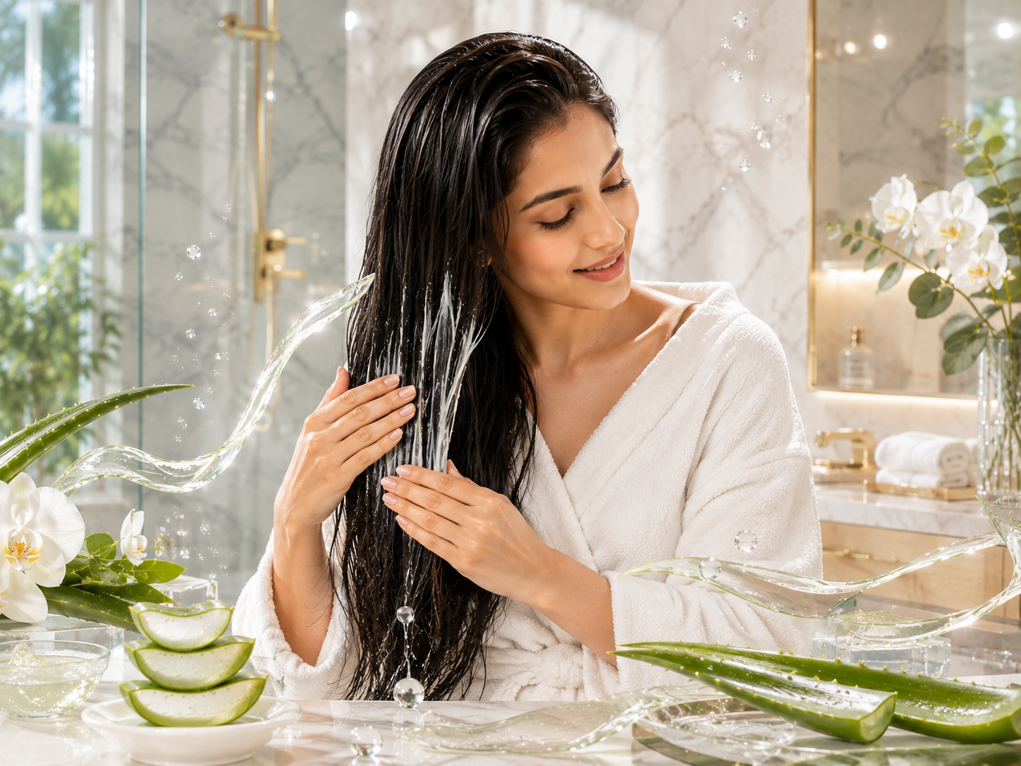 South Asian woman applying lightweight Aloe Vera conditioner to damp hair in a luxury spa bathroom with fresh aloe leaves, crystal-clear aloe gel, and elegant hydration styling.