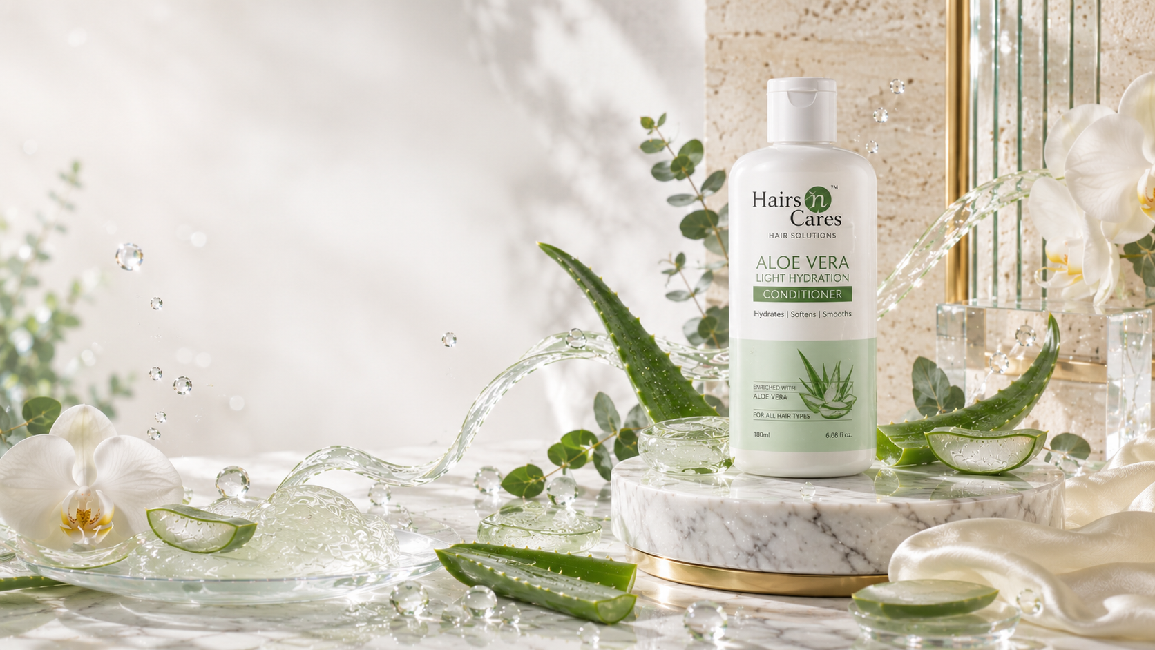 Hairs N Cares Aloe Vera Light Hydration Conditioner displayed on a luxury marble pedestal with fresh Aloe Vera leaves, crystal-clear aloe gel, white orchids, hydration droplets, and elegant spa-inspired botanical styling.