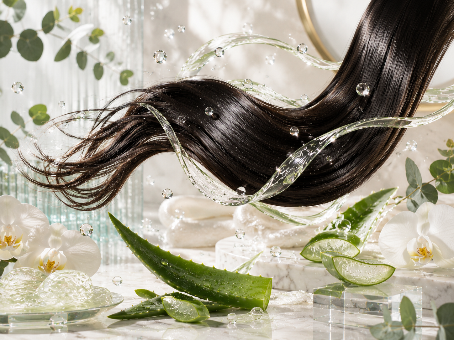 Flowing silky hair wrapped with crystal-clear Aloe Vera gel ribbons, fresh aloe leaves, hydration droplets, and luxury botanical styling representing lightweight moisture and healthy shine.