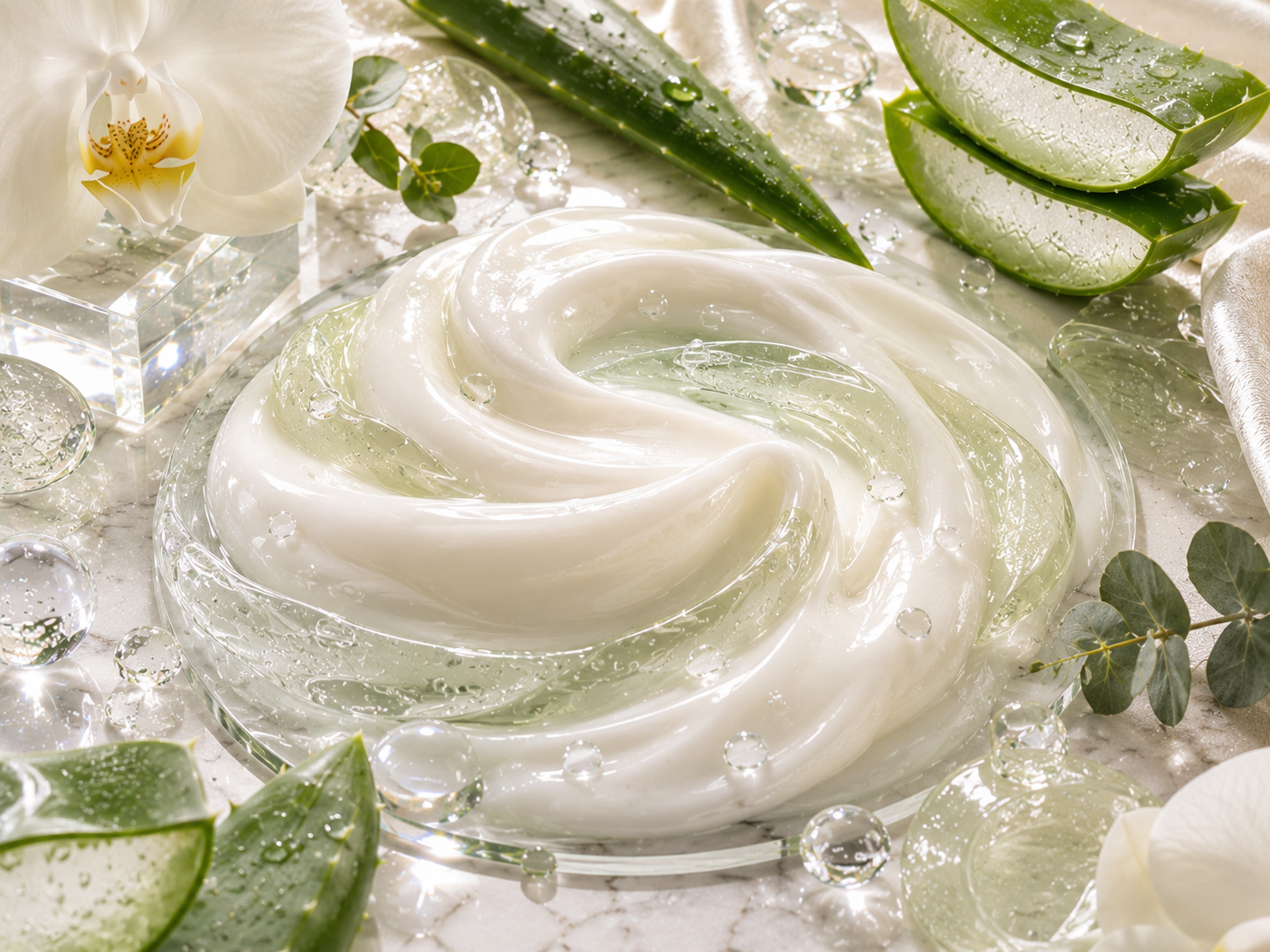 Lightweight conditioner texture blended with crystal-clear Aloe Vera gel, fresh aloe leaves, hydration droplets, and luxury cosmetic styling.