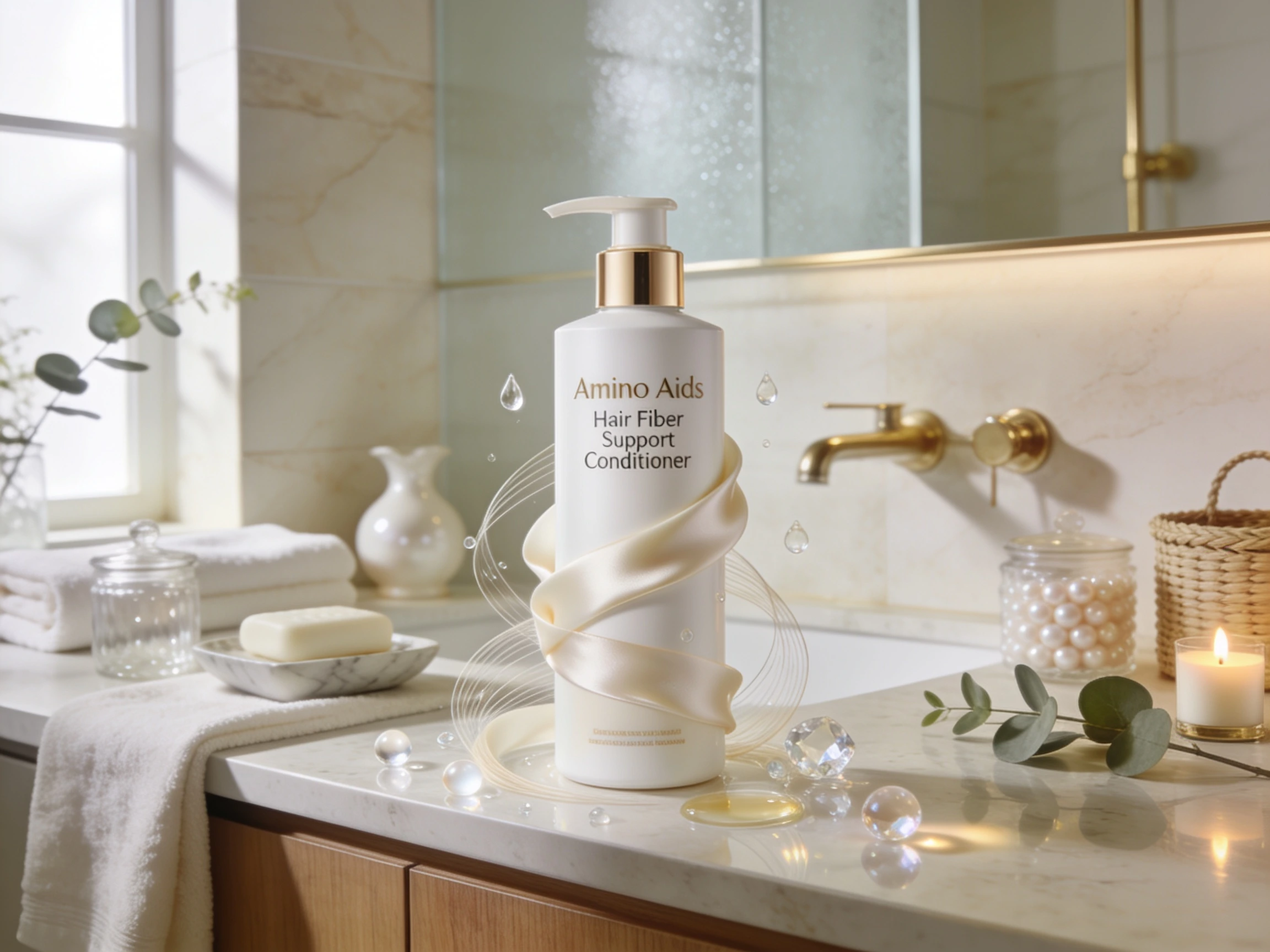 Amino acids hair fiber support conditioner displayed on a luxury bathroom shelf with premium wellness styling