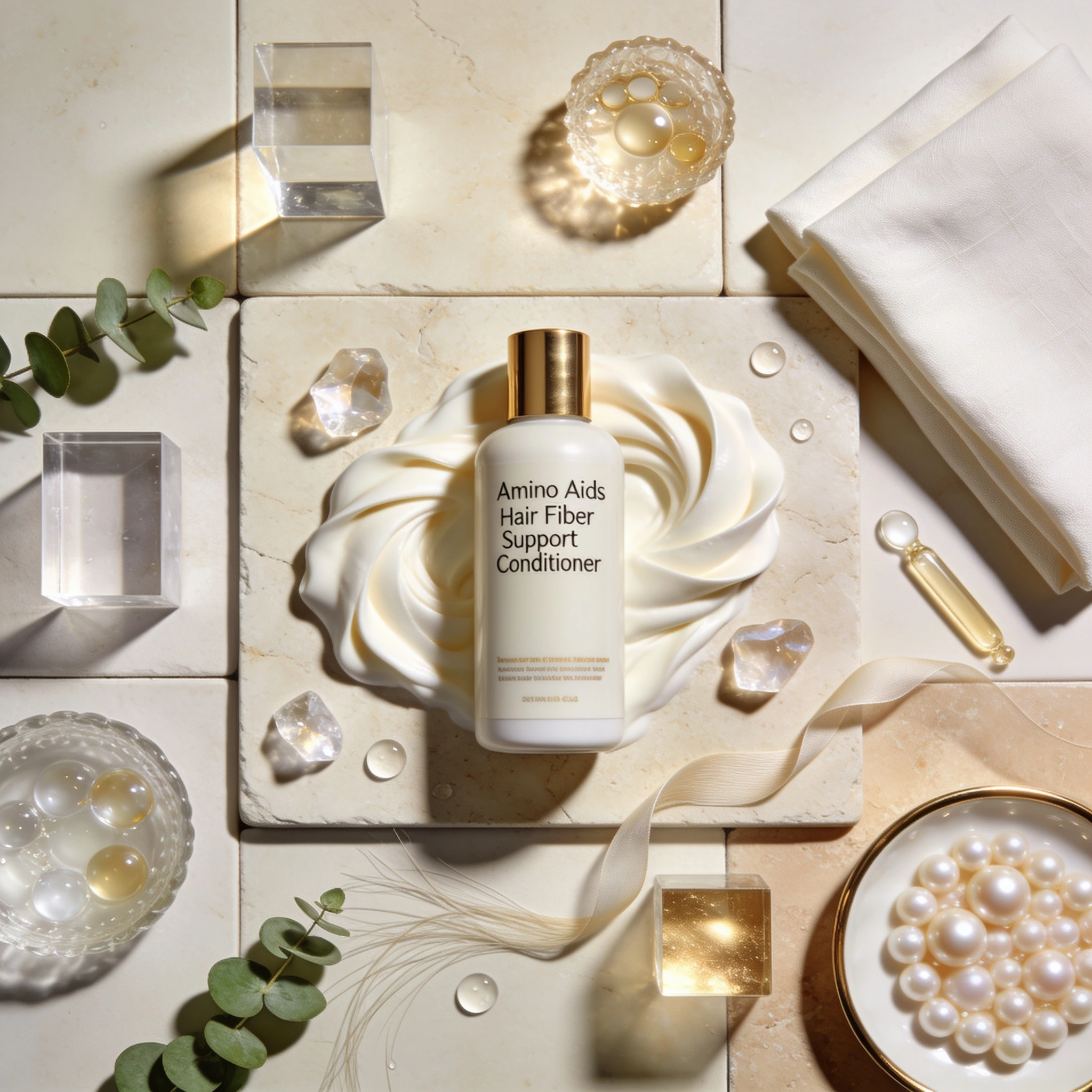 Premium flat lay of amino acids hair fiber support conditioner with luxury cosmetic ingredient styling