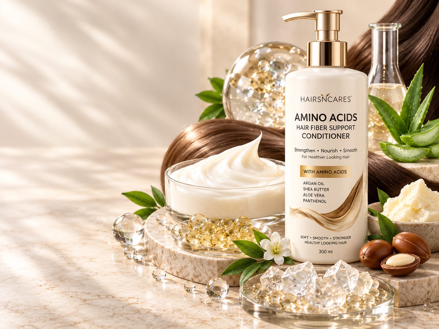 Amino acid inspired cosmetic ingredients with rich conditioner cream and hydration droplets