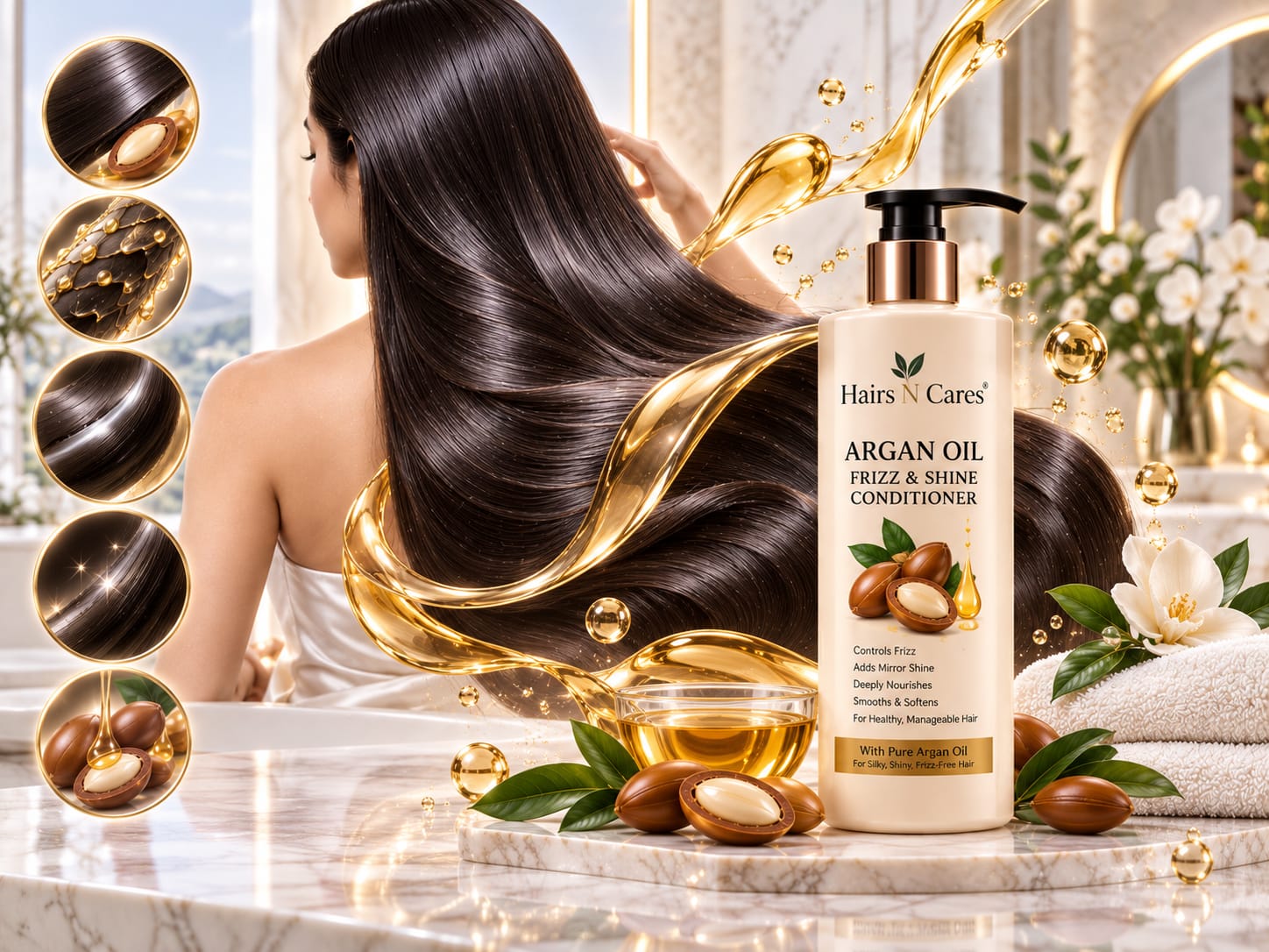 Luxury conceptual visualization of silky, frizz-free hair with golden Argan Oil ribbons, crystal hydration droplets, and mirror-like shine representing the benefits of Hairs N Cares Argan Oil Frizz & Shine Conditioner.