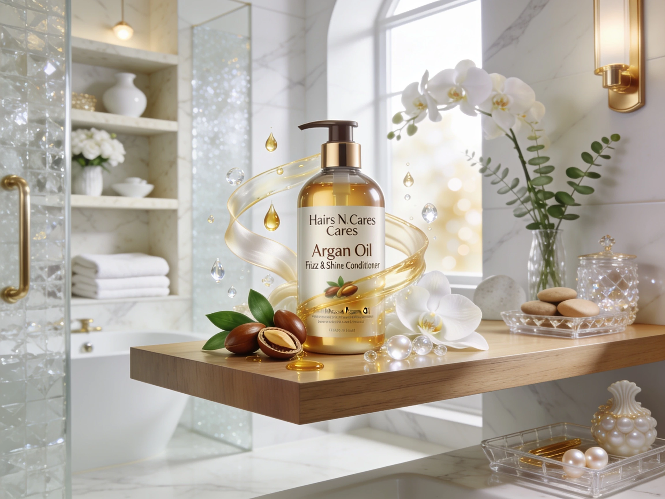 Luxury flat lay of the original Hairs N Cares Argan Oil Frizz & Shine Conditioner surrounded by Moroccan argan nuts, golden cosmetic oil droplets, white orchids, and premium spa-inspired styling.