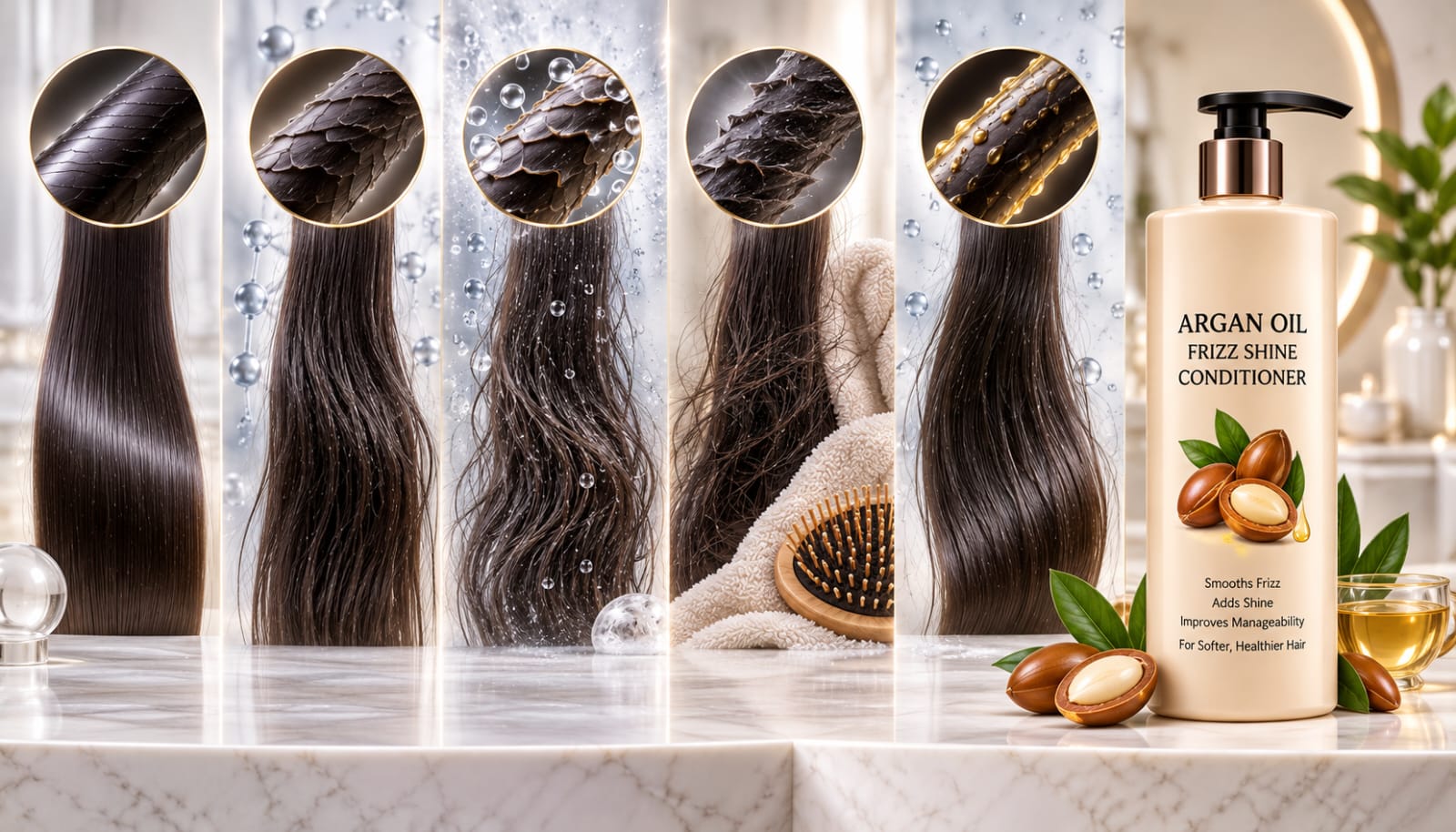 Hair frizz visual showing porosity humidity friction and temporary argan oil conditioning support