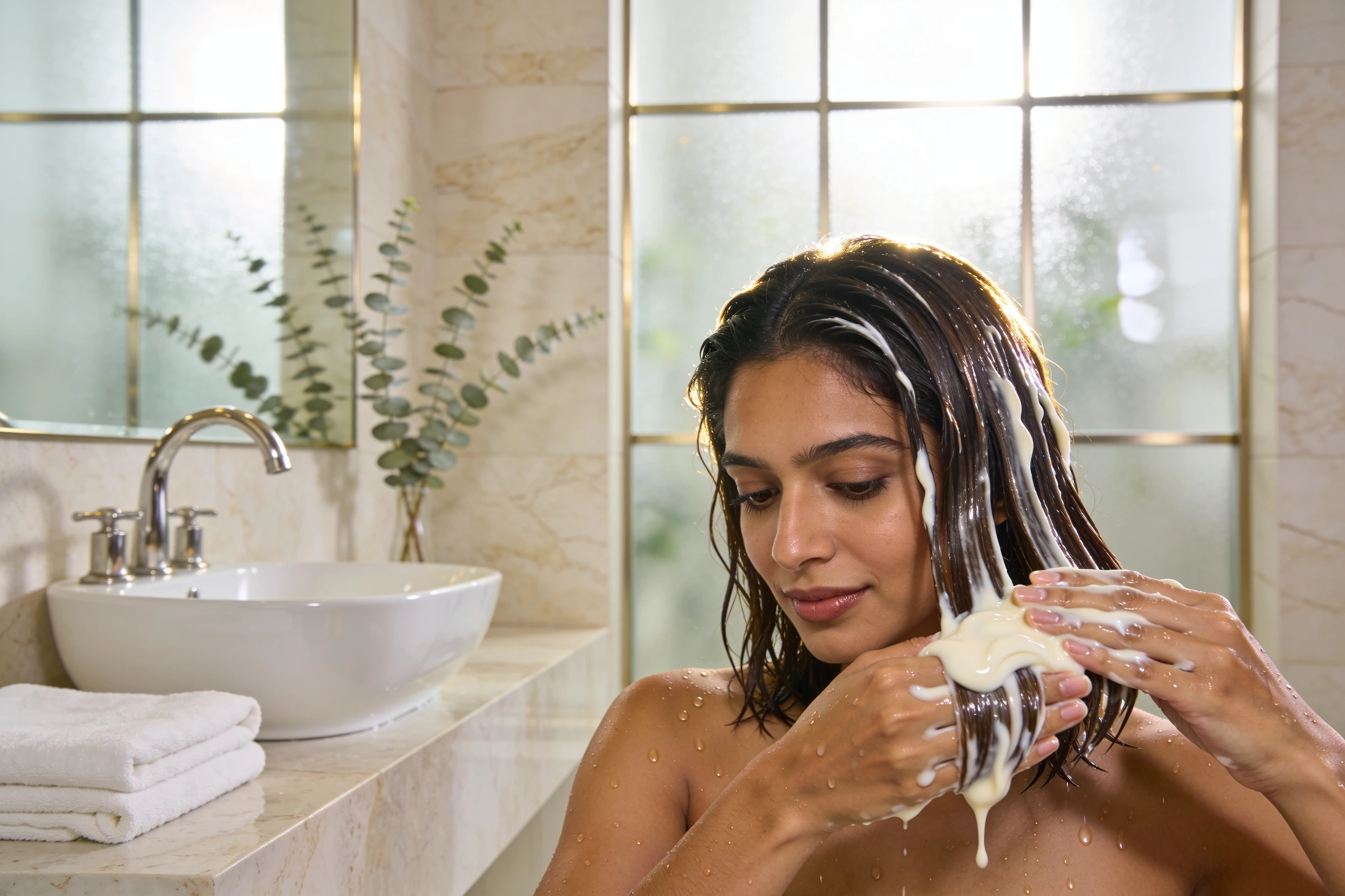 Woman applying ceramide conditioner to damp hair in a luxury spa-inspired bathroom