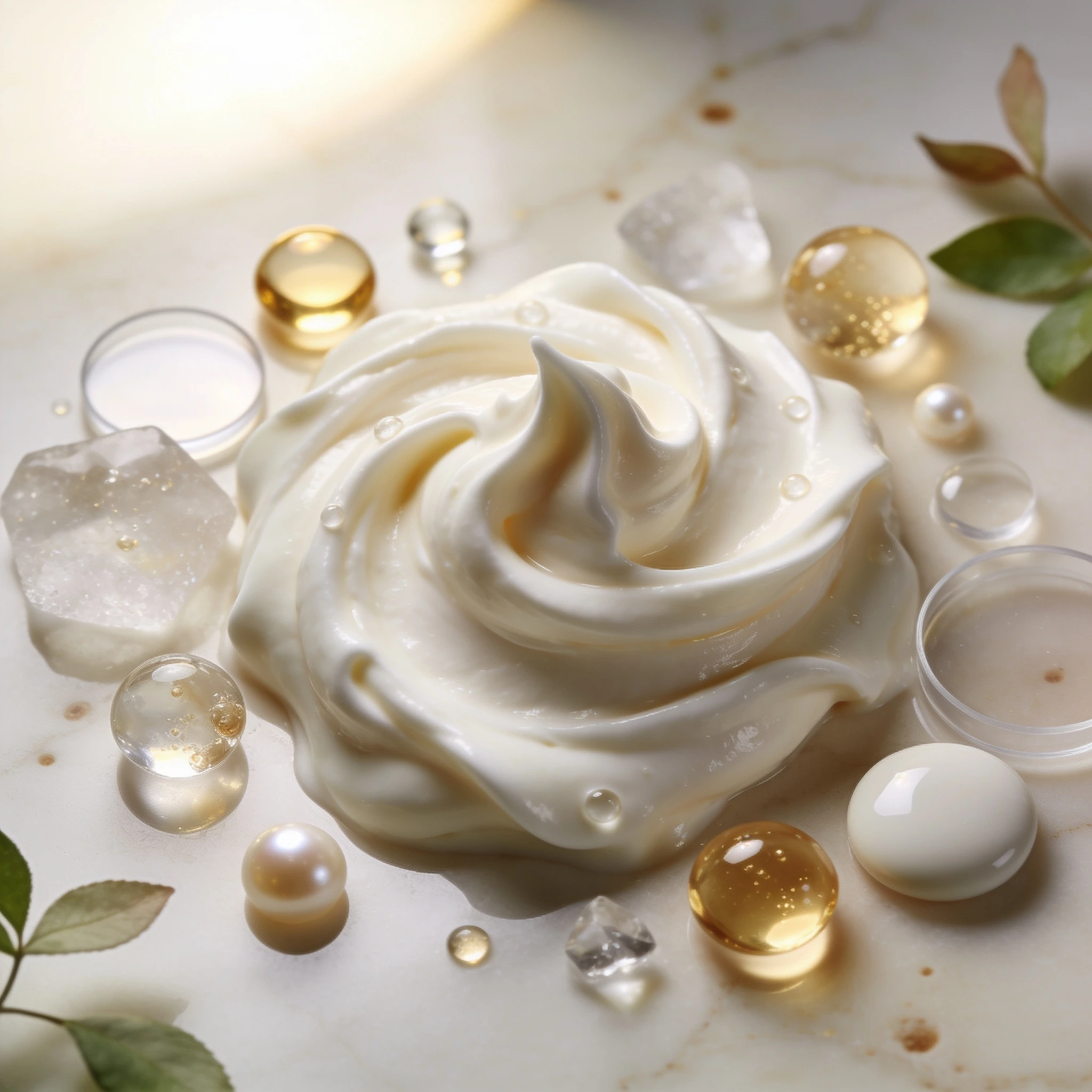Rich ceramide conditioner cream texture with hydration droplets and cosmetic-inspired barrier support ingredients