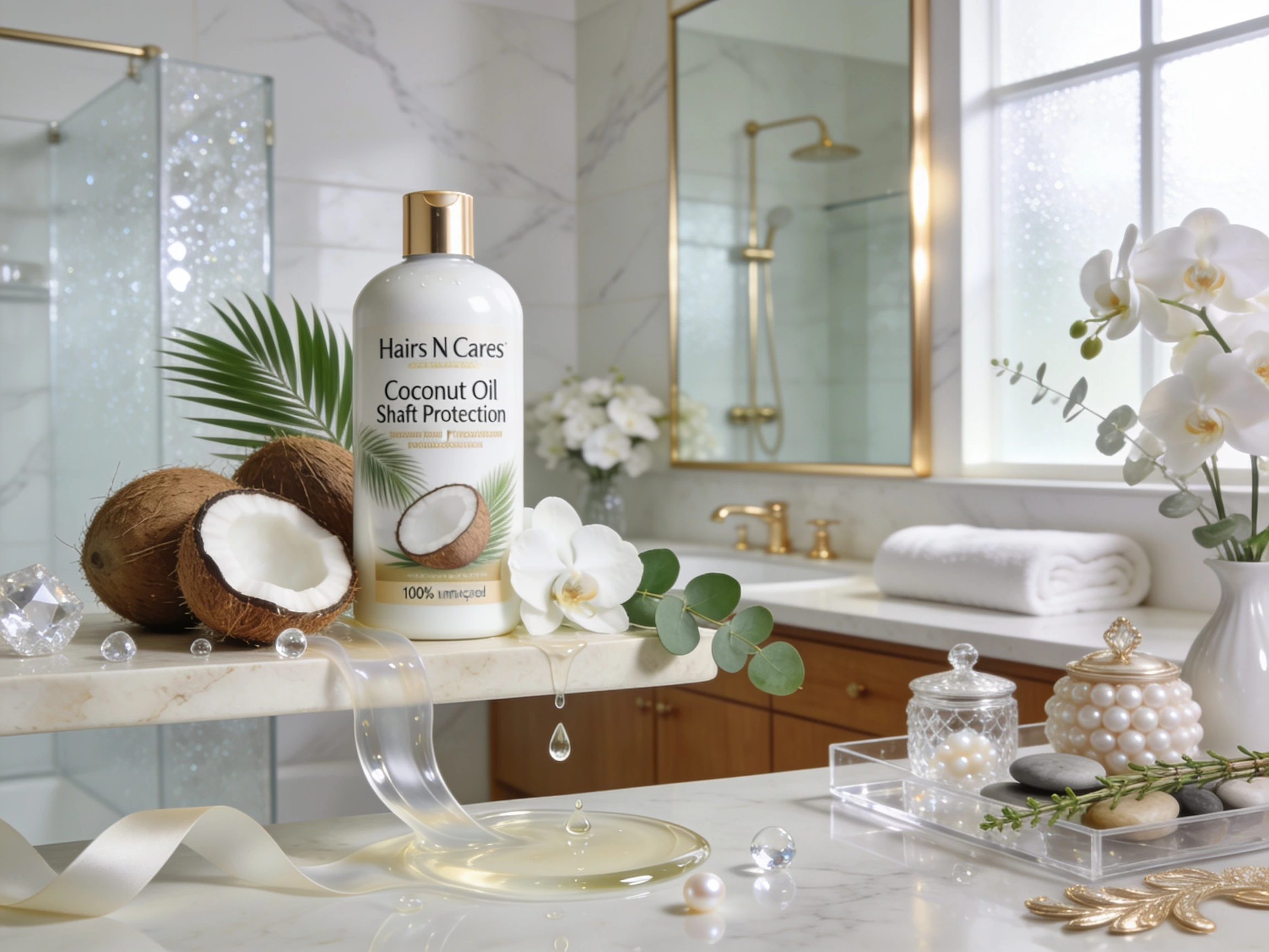 Hairs N Cares Coconut Oil Shaft Protection Conditioner displayed on a luxury bathroom shelf with fresh coconuts, crystal-clear coconut oil, white orchids, and elegant marble décor.