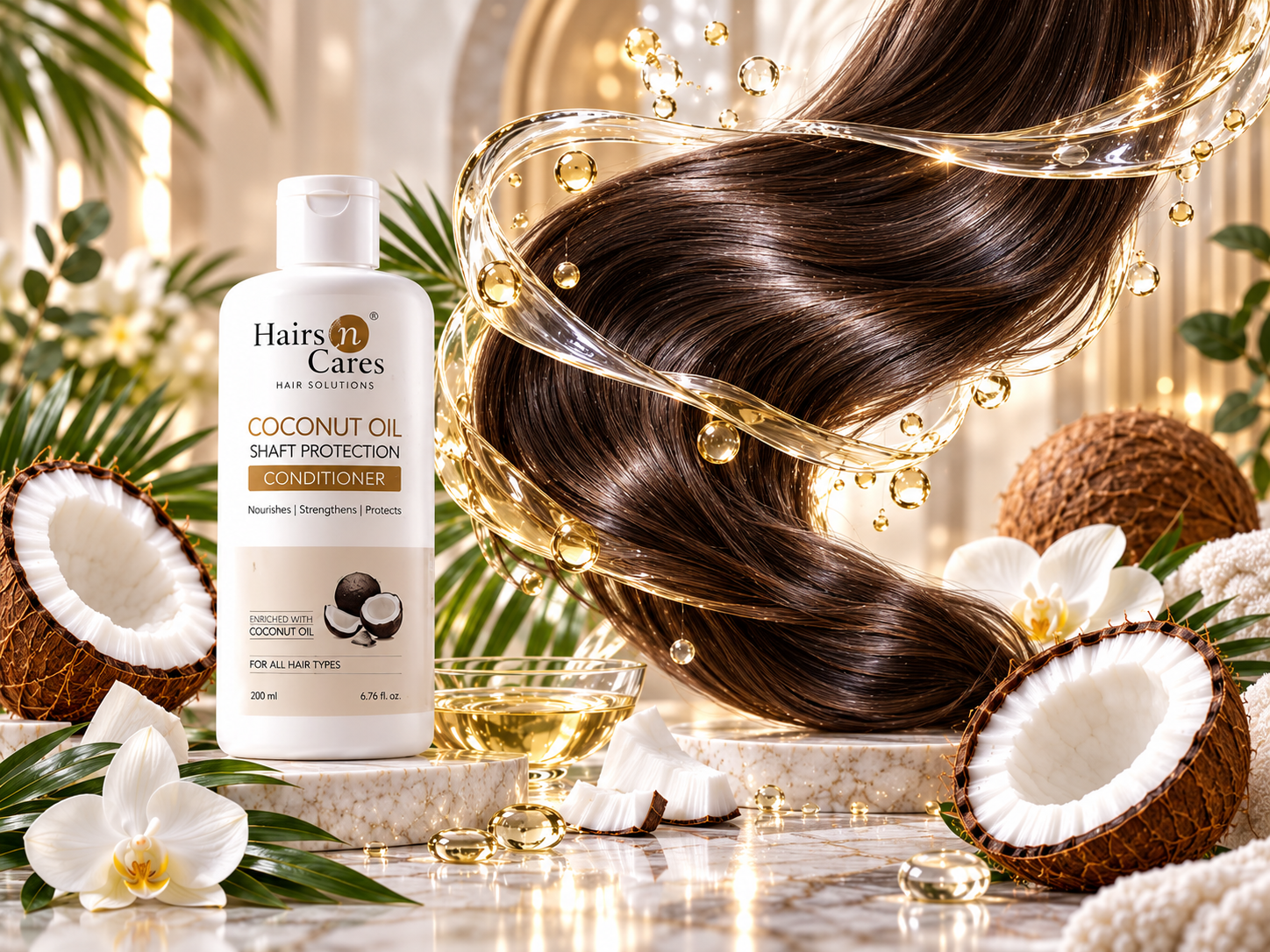 Flowing healthy hair wrapped with crystal-clear coconut oil ribbons and fresh botanical coconut elements.