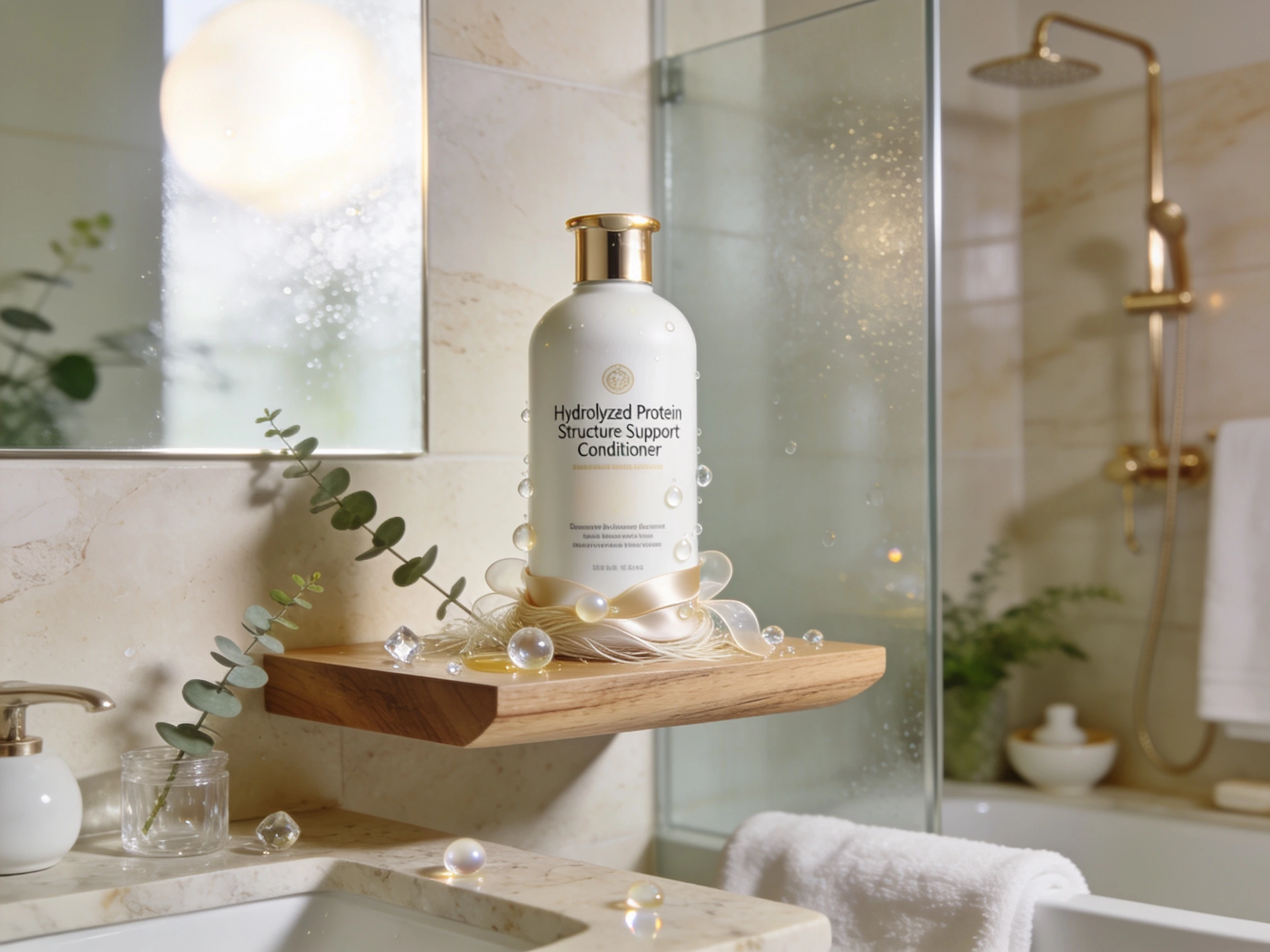 Crystal-clear hyaluronic acid inspired hydration gel with moisture droplets and pearl conditioner texture