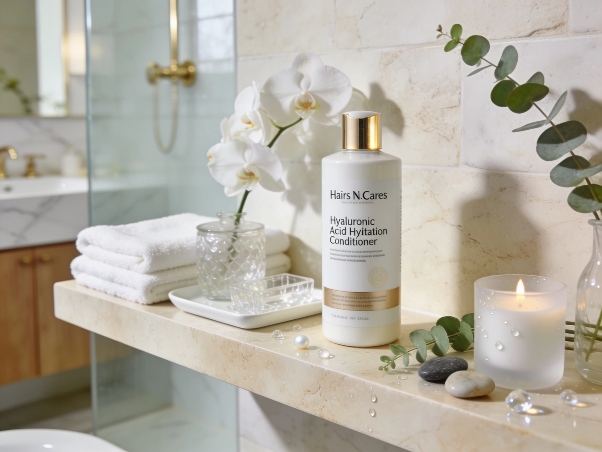 Hyaluronic acid hydration conditioner displayed in a luxury bathroom with crystal moisture styling
