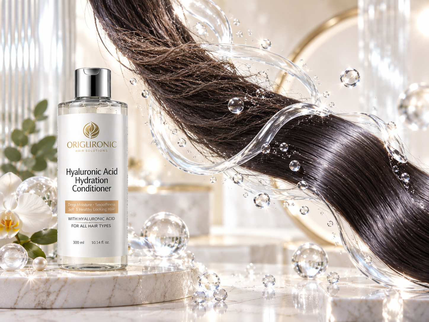 Dark hair surrounded by lightweight crystal moisture representing humectant hydration and softness