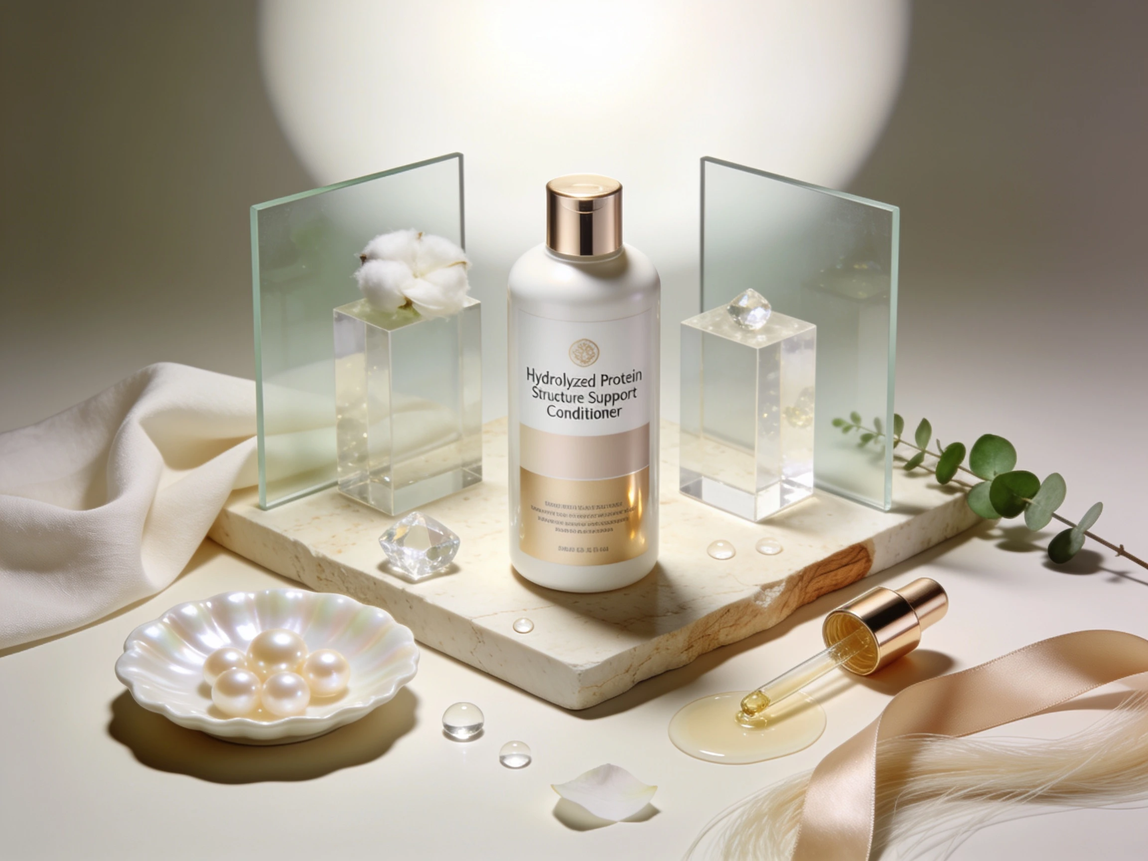 Luxury cosmetic illustration of hydrolyzed protein supporting a healthy smooth hair fibre structure
