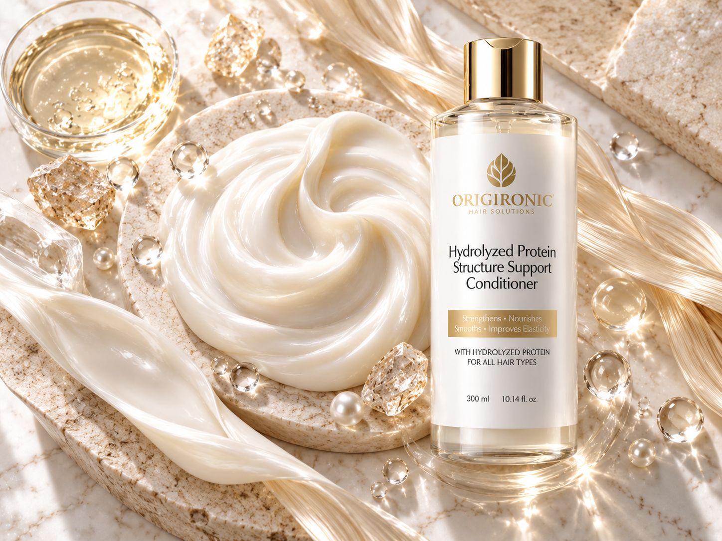 Creamy hydrolyzed protein conditioner texture with silky cosmetic finish and hydration droplets